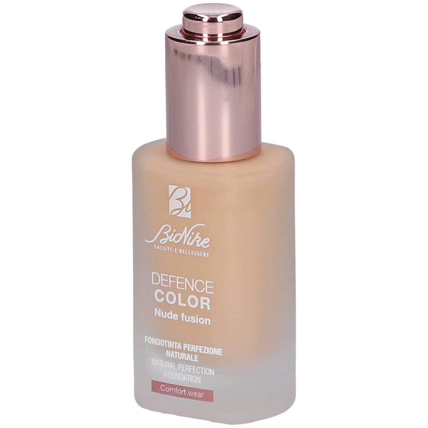 BioNike DEFENCE COLOR foundation. Fles met roségouden dop. Beige vloeistof. Opschrift.