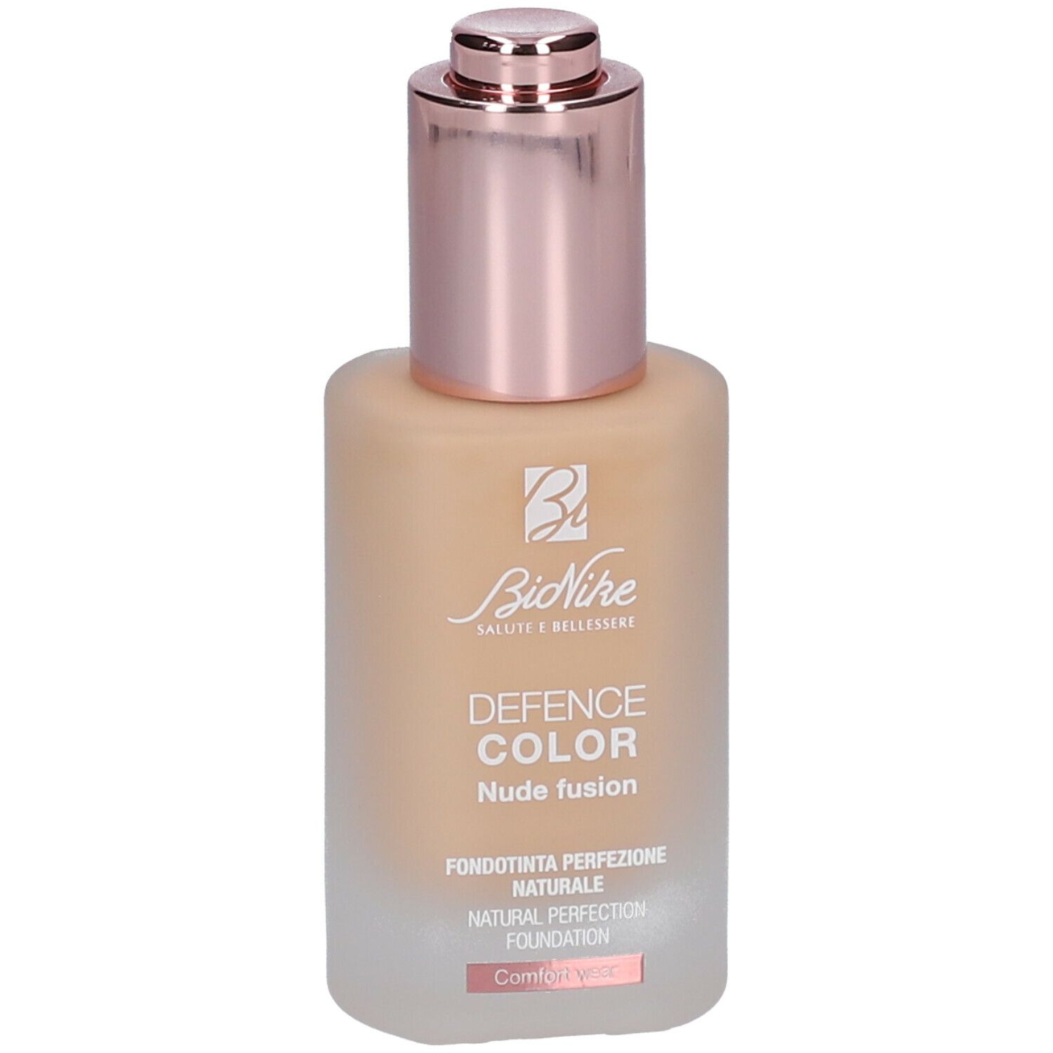 BioNike DEFENCE COLOR foundation. Fles met roségouden dop. Beige vloeistof. Opschrift.