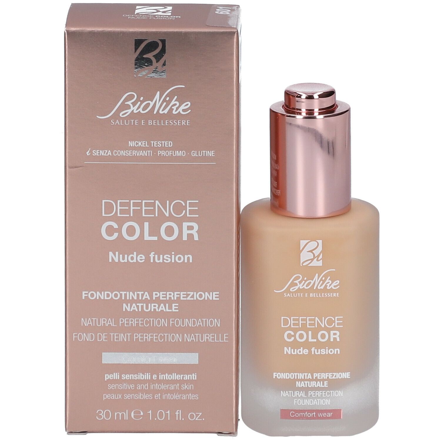 BioNike DEFENCE COLOR foundation en verpakking. Fles en doos. Meertalige tekst.