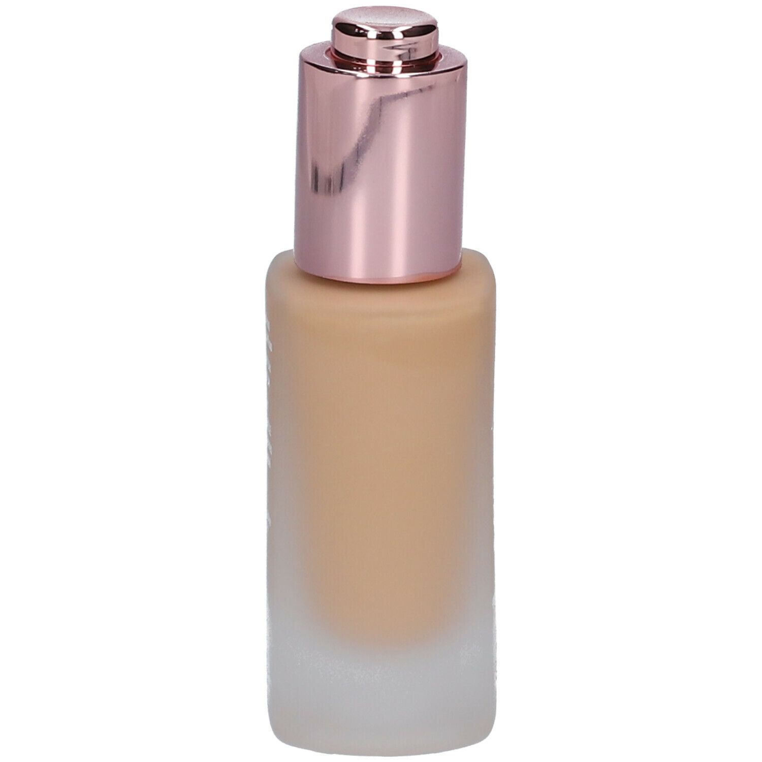 Foundationflesje met roze dop en applicator. Het onderste deel van de fles is mat.