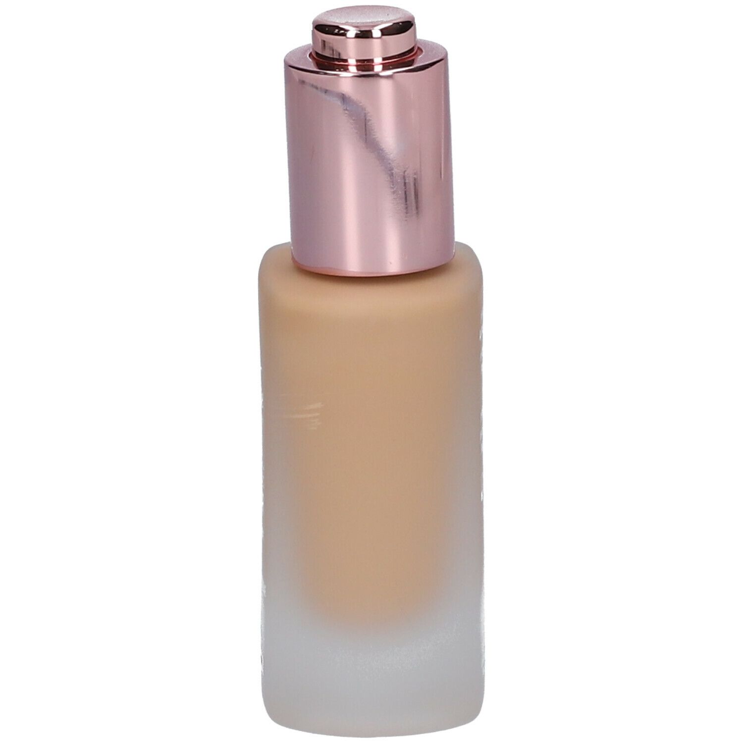 Foundationflesje met roze dop en applicator. Het onderste deel van de fles is mat.