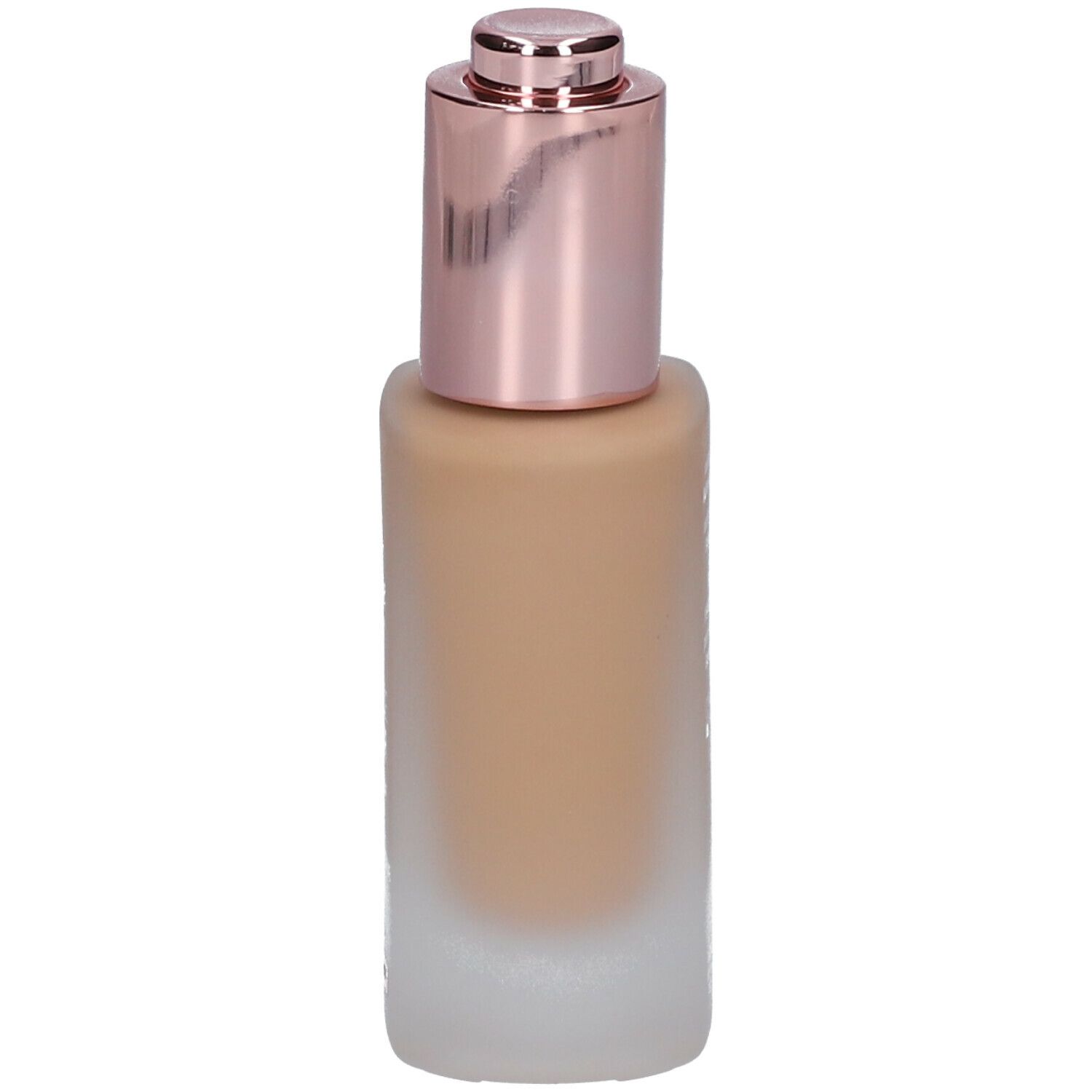 Foundationfles met roségouden dop. Inhoud lichtbruin. Het onderste deel is mat.