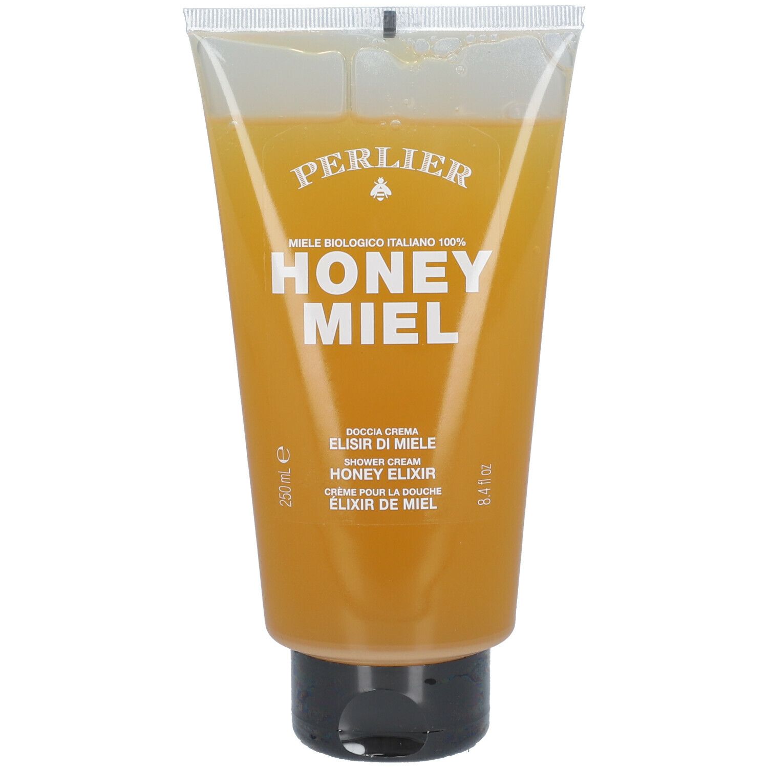 Tube transparent de gel douche jaune. Inscription : Perlier, Honey Miel, Elixir di Miele, Crème pour la Douche.