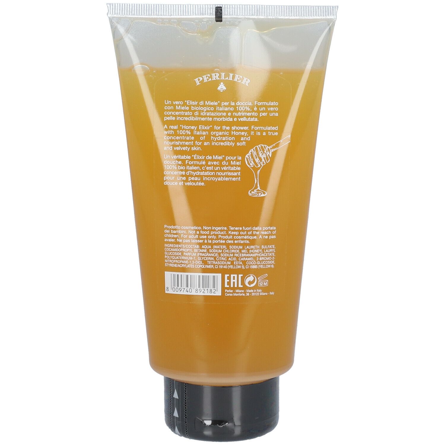 Dos du tube de gel douche jaune. Texte : Perlier, Honey Elixir, Elixir de Miel. Avec ingrédients et logo.