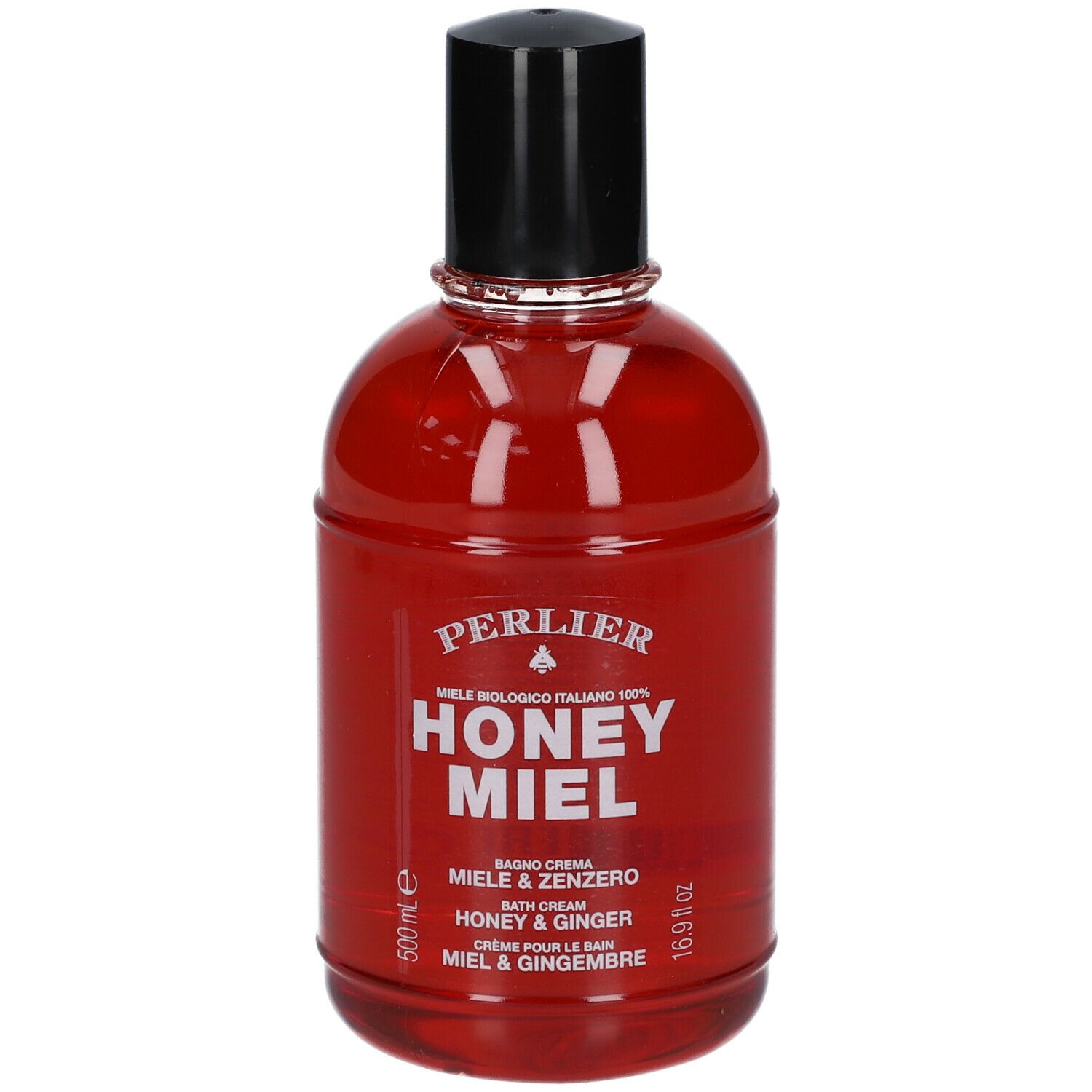 Flacon rouge avec bouchon noir. Inscription : Perlier, Honey Miel, Miele & Zenzero, Honey & Ginger, Crème pour le Bain Miel & Gingembre.