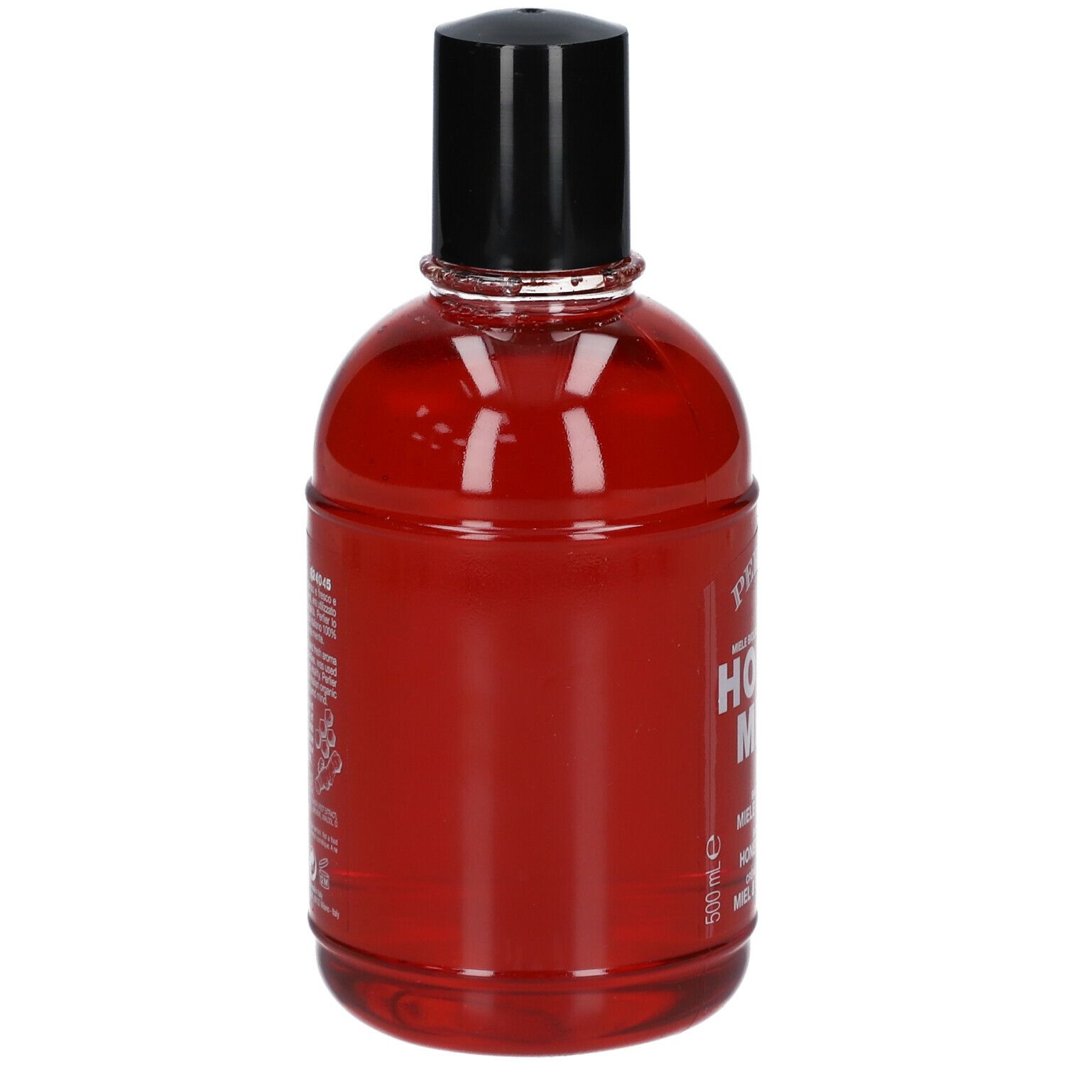 Flacon rouge avec bouchon noir. Texte sur le côté, dont 500 ml et 16,9 fl oz.