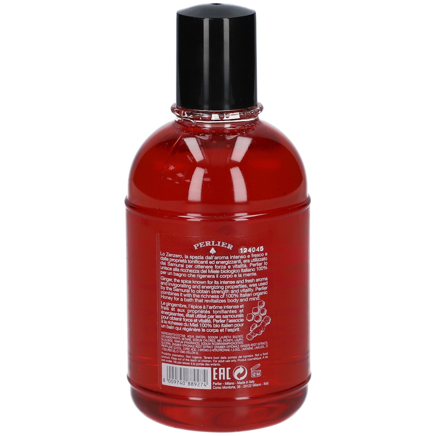 Flacon rouge avec bouchon noir. Dos avec texte et illustrations. Nom du produit non visible.