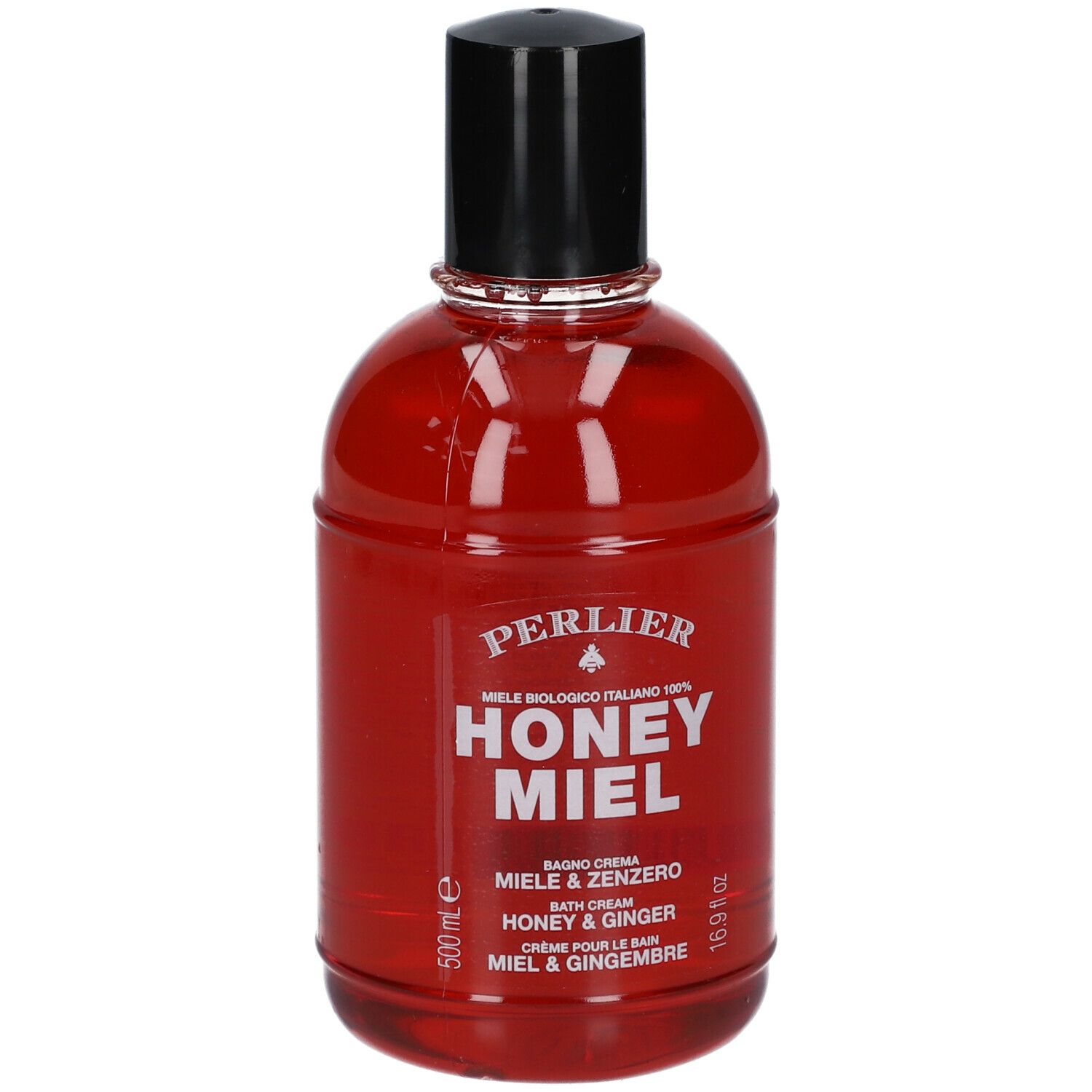 Flacon rouge avec bouchon noir. Inscription : Perlier, Honey Miel, Miele & Zenzero, Honey & Ginger, Crème pour le Bain Miel & Gingembre.