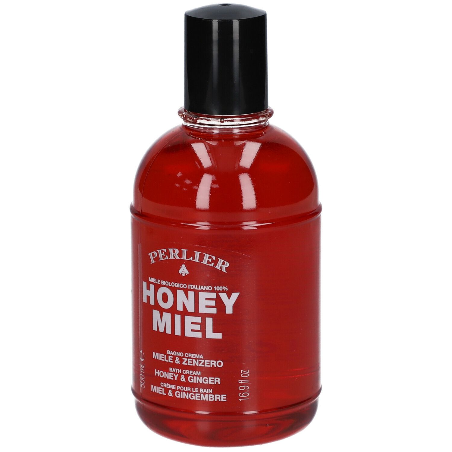 Flacon rouge avec bouchon noir. Inscription : Perlier, Honey Miel, Miele & Zenzero, Honey & Ginger, Crème pour le Bain Miel & Gingembre.