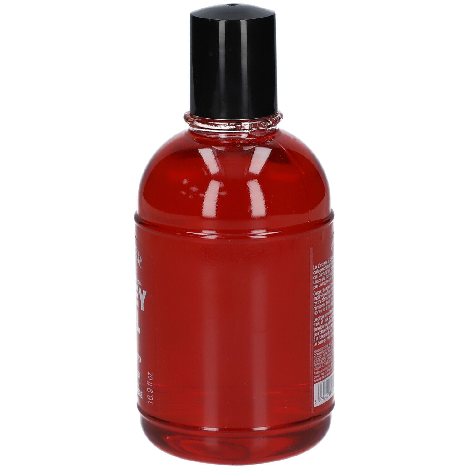 Flacon rouge avec bouchon noir. Texte sur le côté, dont 16,9 fl oz.