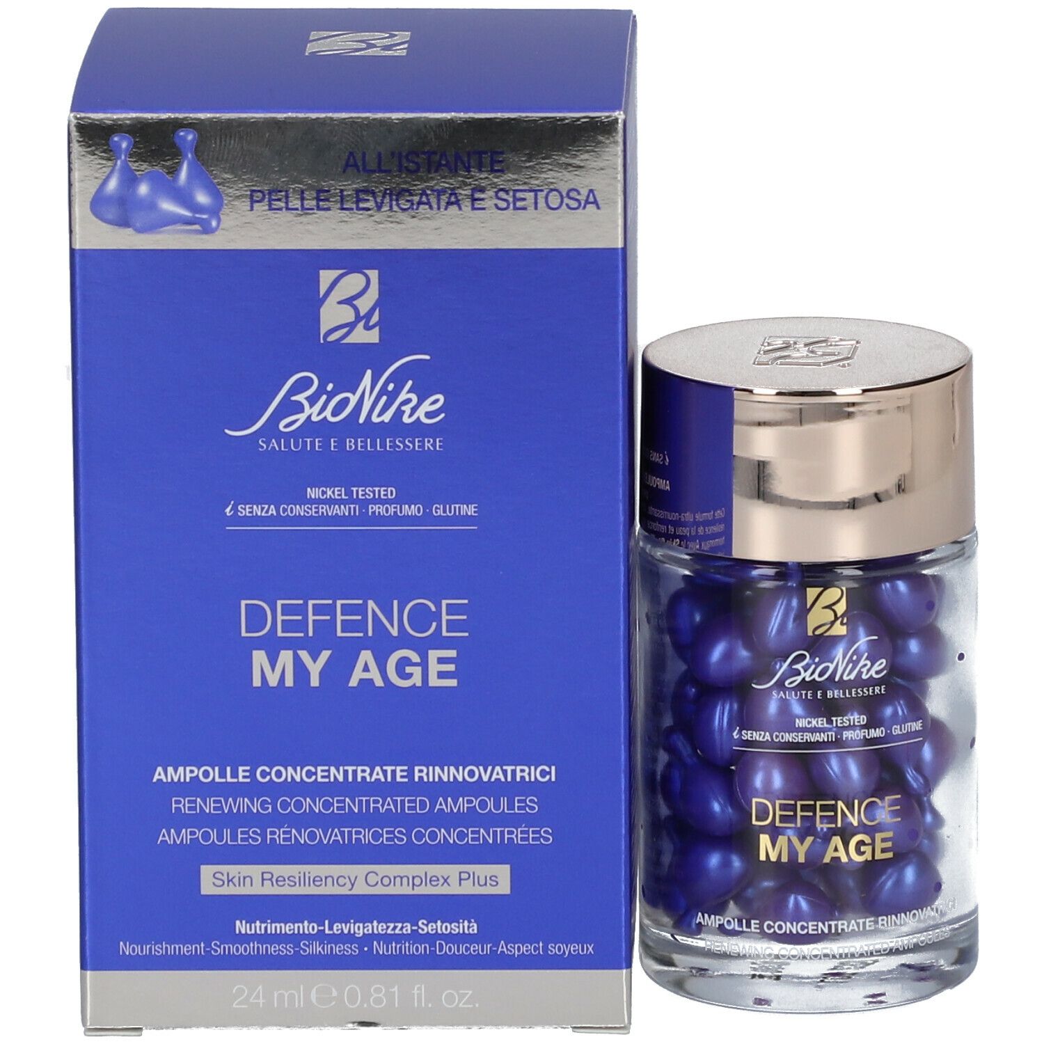 Produktverpackung und Glasbehälter mit lila Kapseln. Aufschrift: BioNike, Defence My Age. Deckel silberfarben.