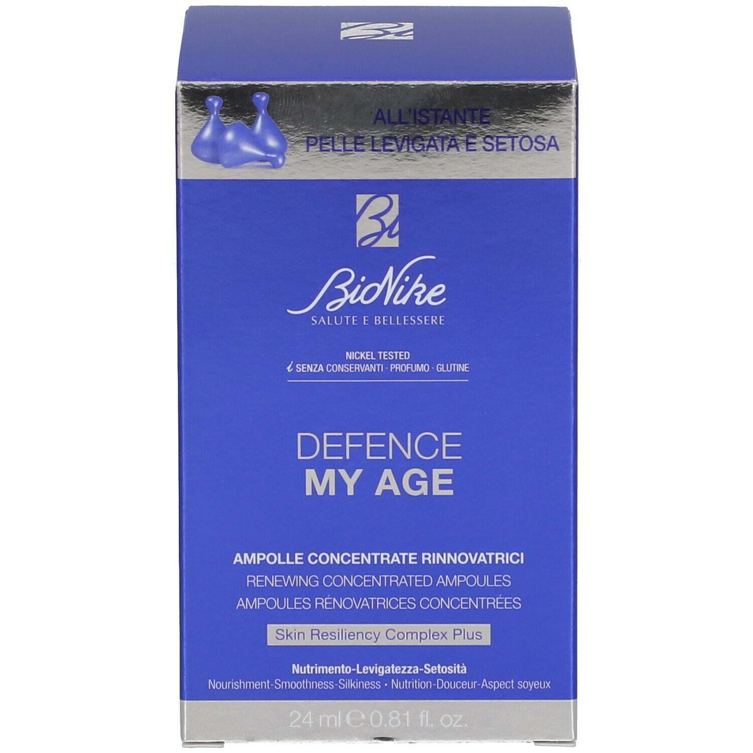 Produktverpackung mit Aufschrift: BioNike, Defence My Age. Blaue Verpackung.