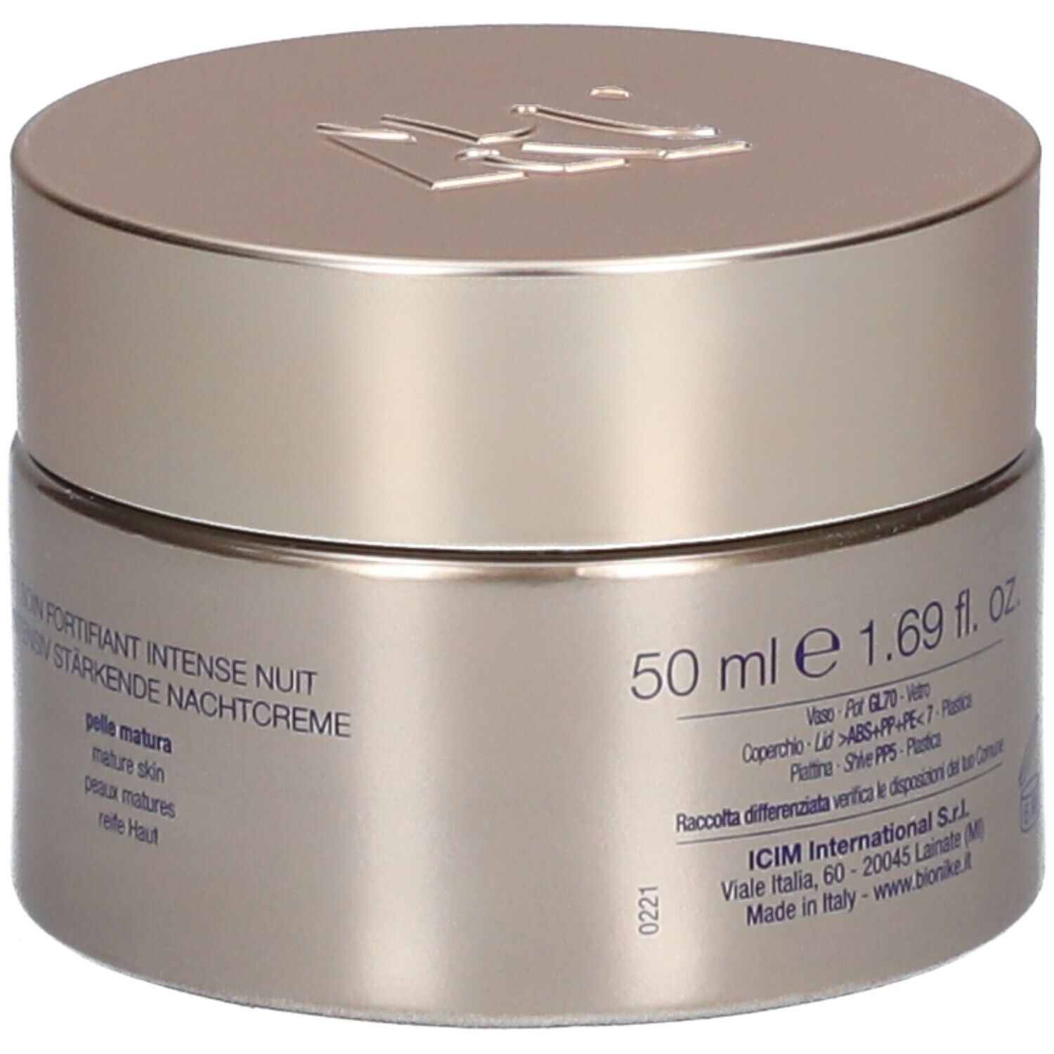 Goldfarbener Creme-Tiegel mit Deckel. Aufschrift: 50 ml e 1.69 fl. oz. Text: mature skin, reife Haut.