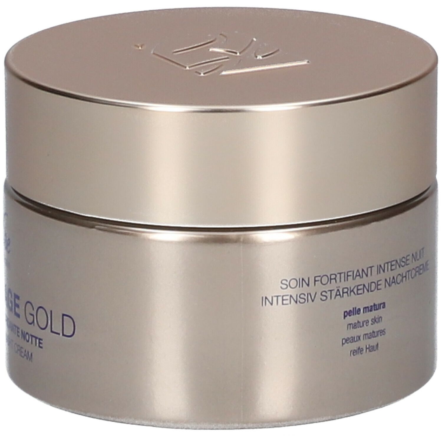 Goldfarbener Creme-Tiegel mit Deckel. Aufschrift: Soin fortifiant intense nuit, reife Haut.
