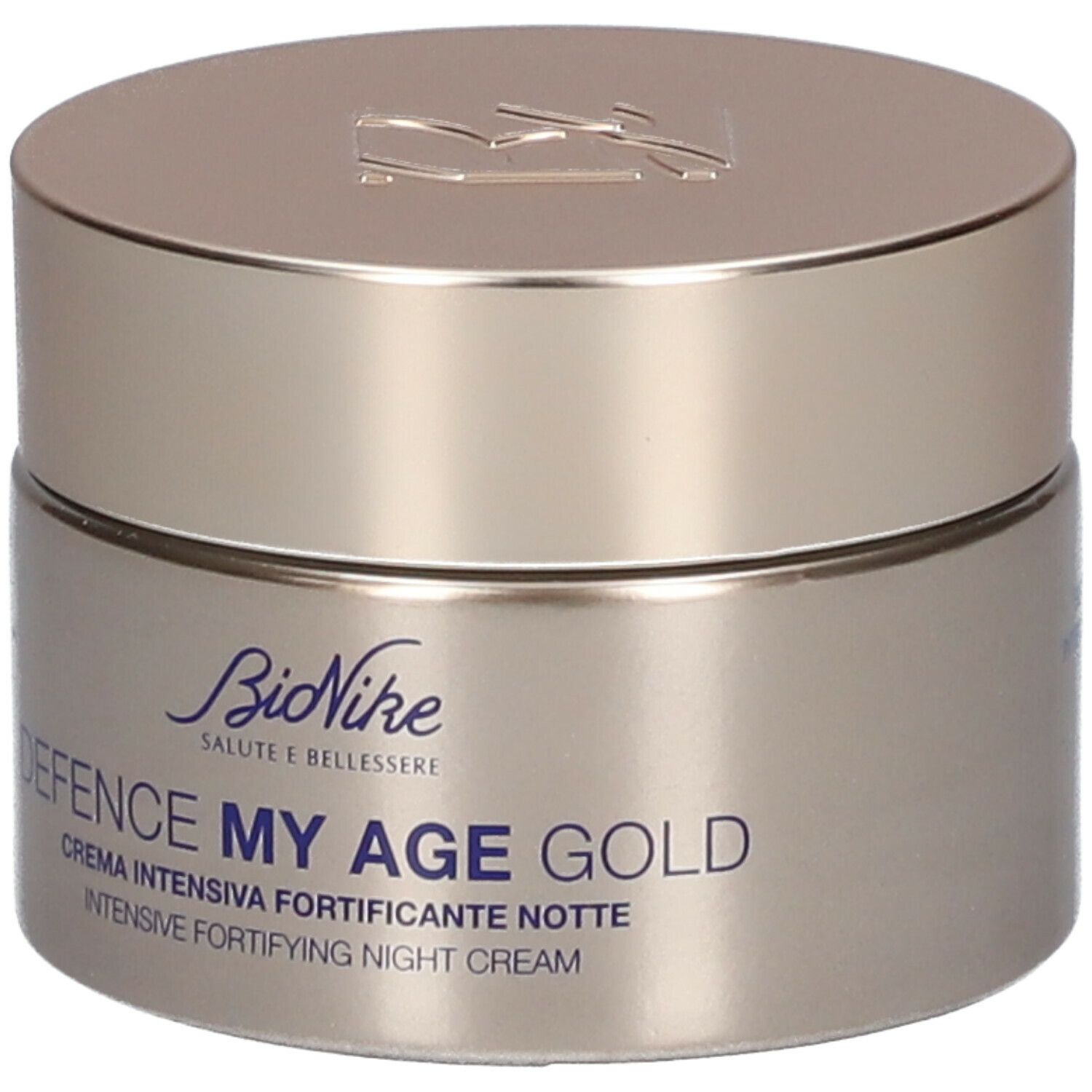 Goldfarbener Creme-Tiegel mit Deckel. Aufschrift: BioNike, DEFENCE MY AGE GOLD, Crème de Nuit.