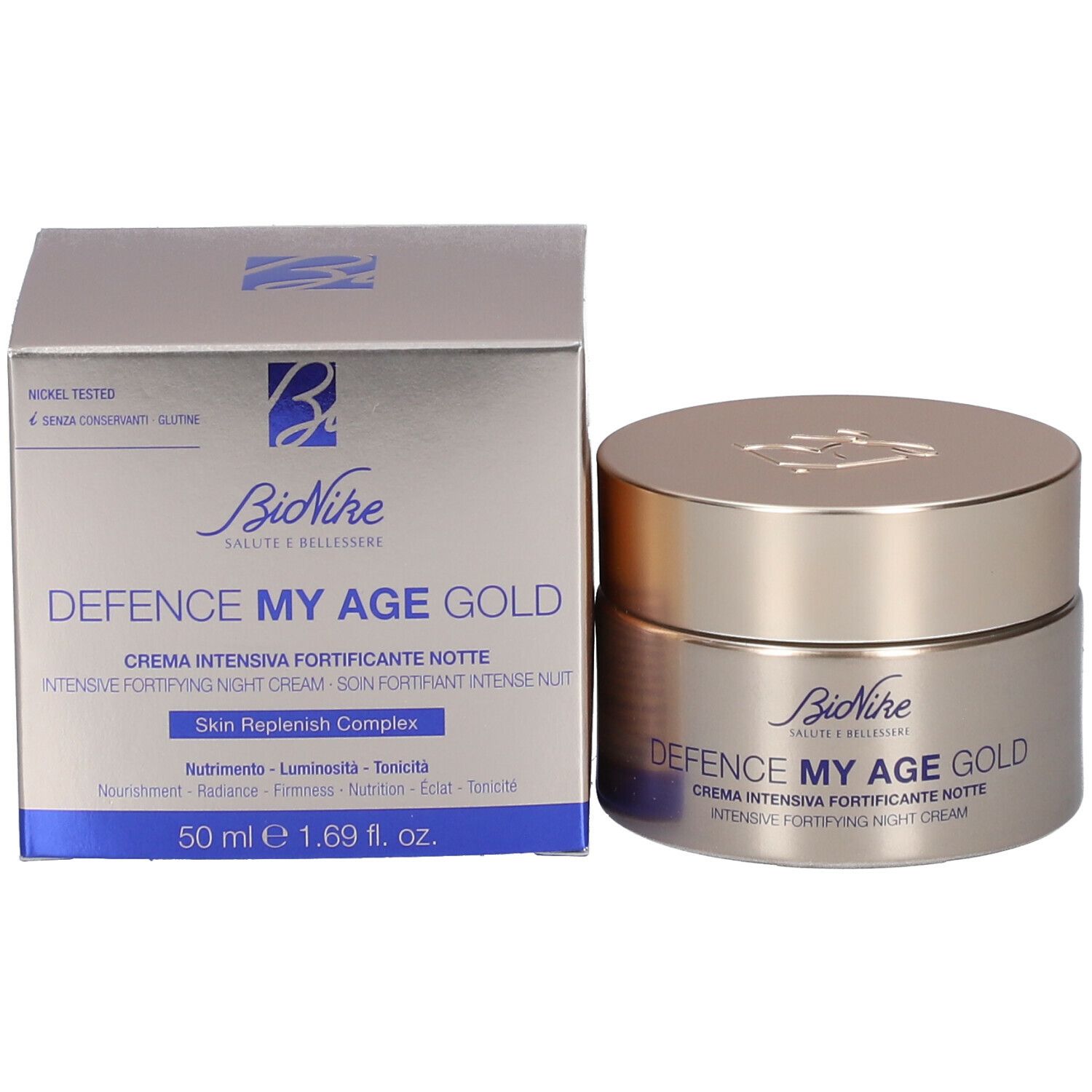 Creme-Tiegel und Schachtel. Aufschrift: BioNike, DEFENCE MY AGE GOLD, Crème de Nuit, 50 ml e 1.69 fl. oz.