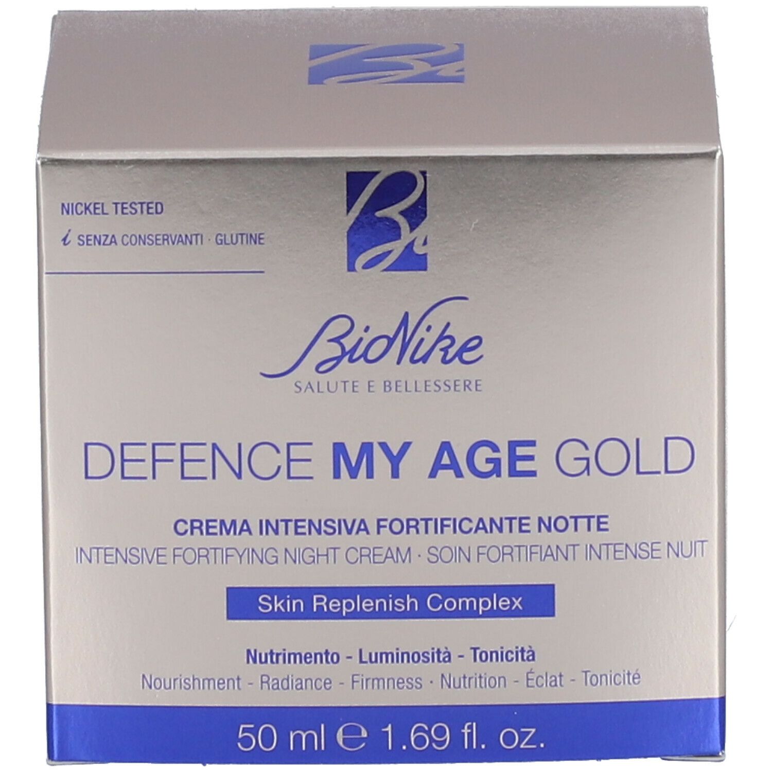 Schachtel. Aufschrift: BioNike, DEFENCE MY AGE GOLD, Crème de Nuit, 50 ml e 1.69 fl. oz.