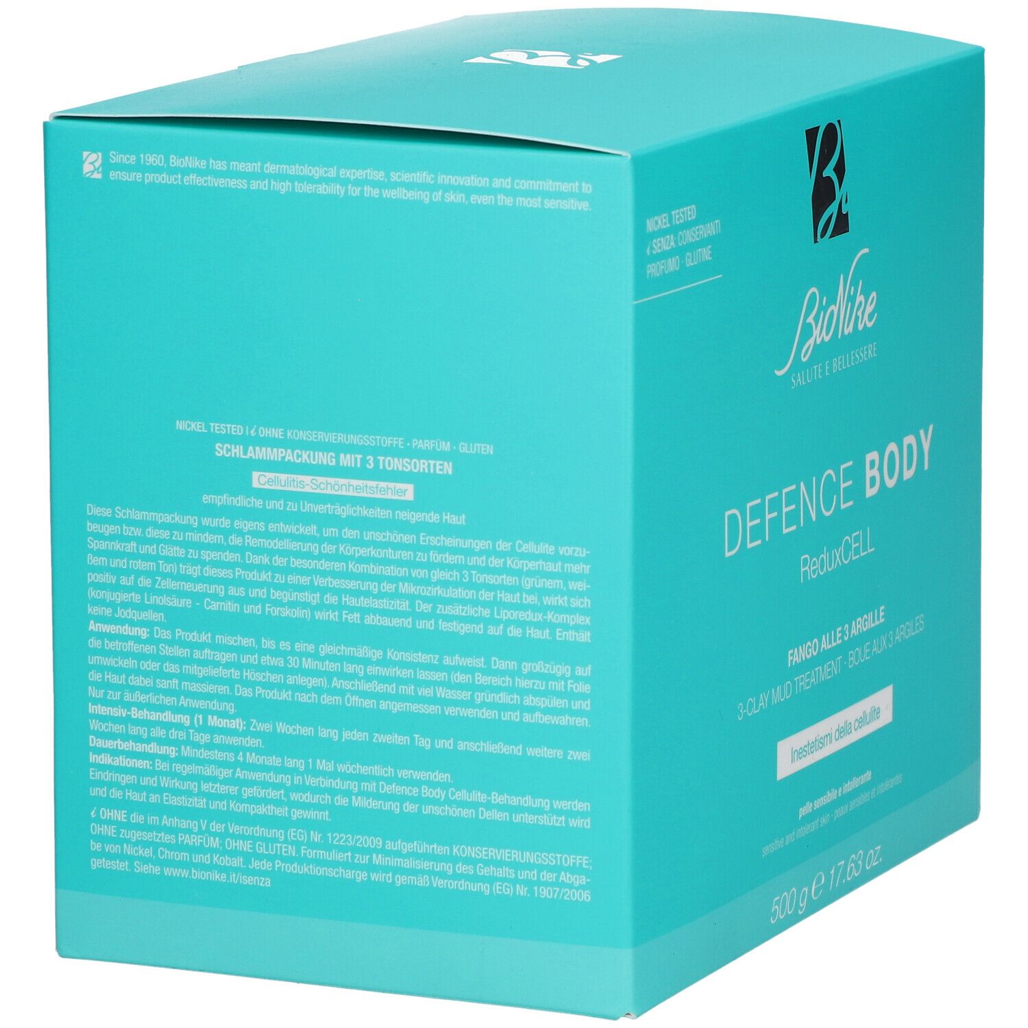 Türkisfarbene Schachtel mit Text. Text: DEFENCE BODY ReduxCELL, Schlammpackung mit 3 Tonerden, 500 g.