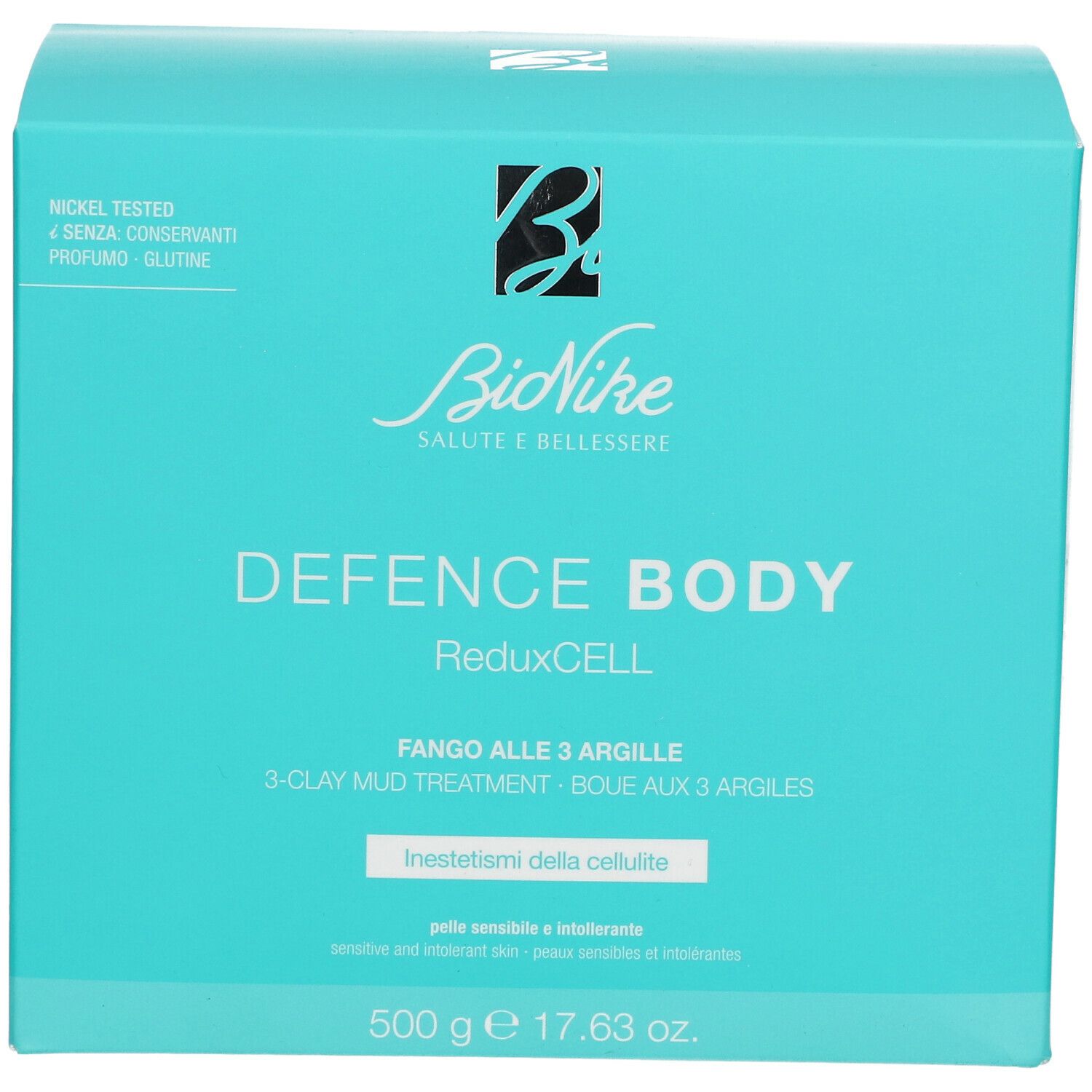 Türkisfarbene Schachtel mit Logo und Produktnamen. Text: DEFENCE BODY ReduxCELL, Fango alle 3 Argille, 500 g.