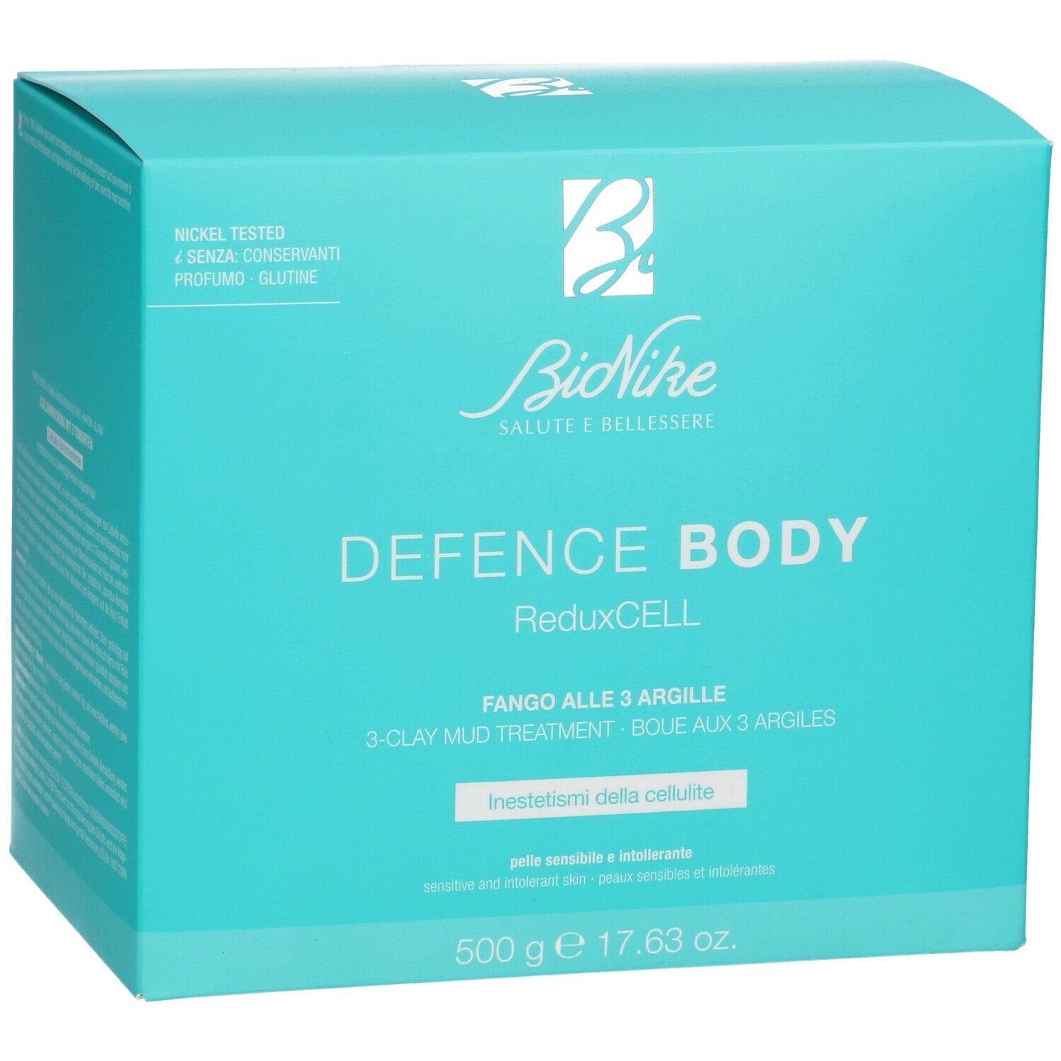Türkisfarbene Schachtel mit Logo und Produktnamen. Text: DEFENCE BODY ReduxCELL, Fango alle 3 Argille, 500 g.