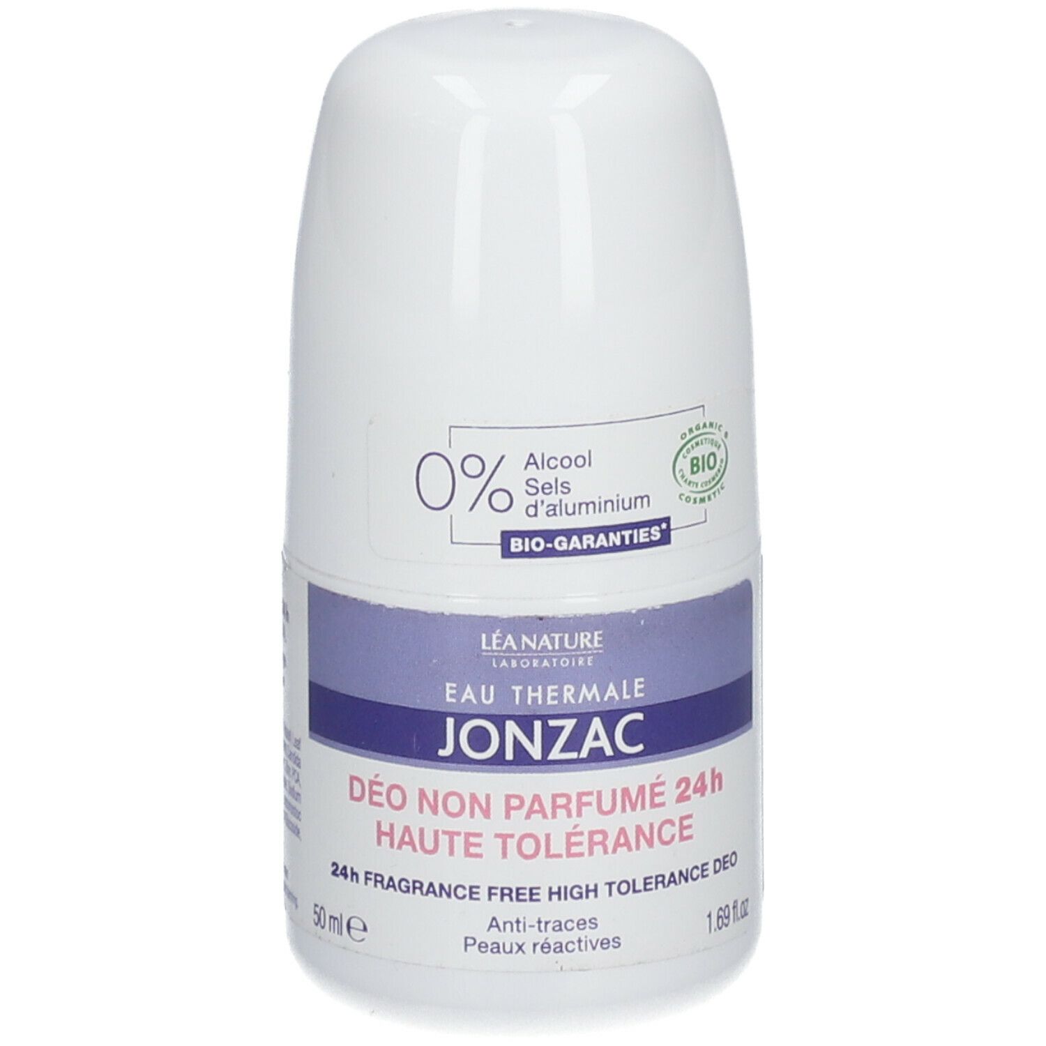 Roll-on déodorant blanc et violet. Inscription: Jonzac, 24h, Haute Tolérance. 0% alcool, sans sels d'aluminium. Bio-garanties.