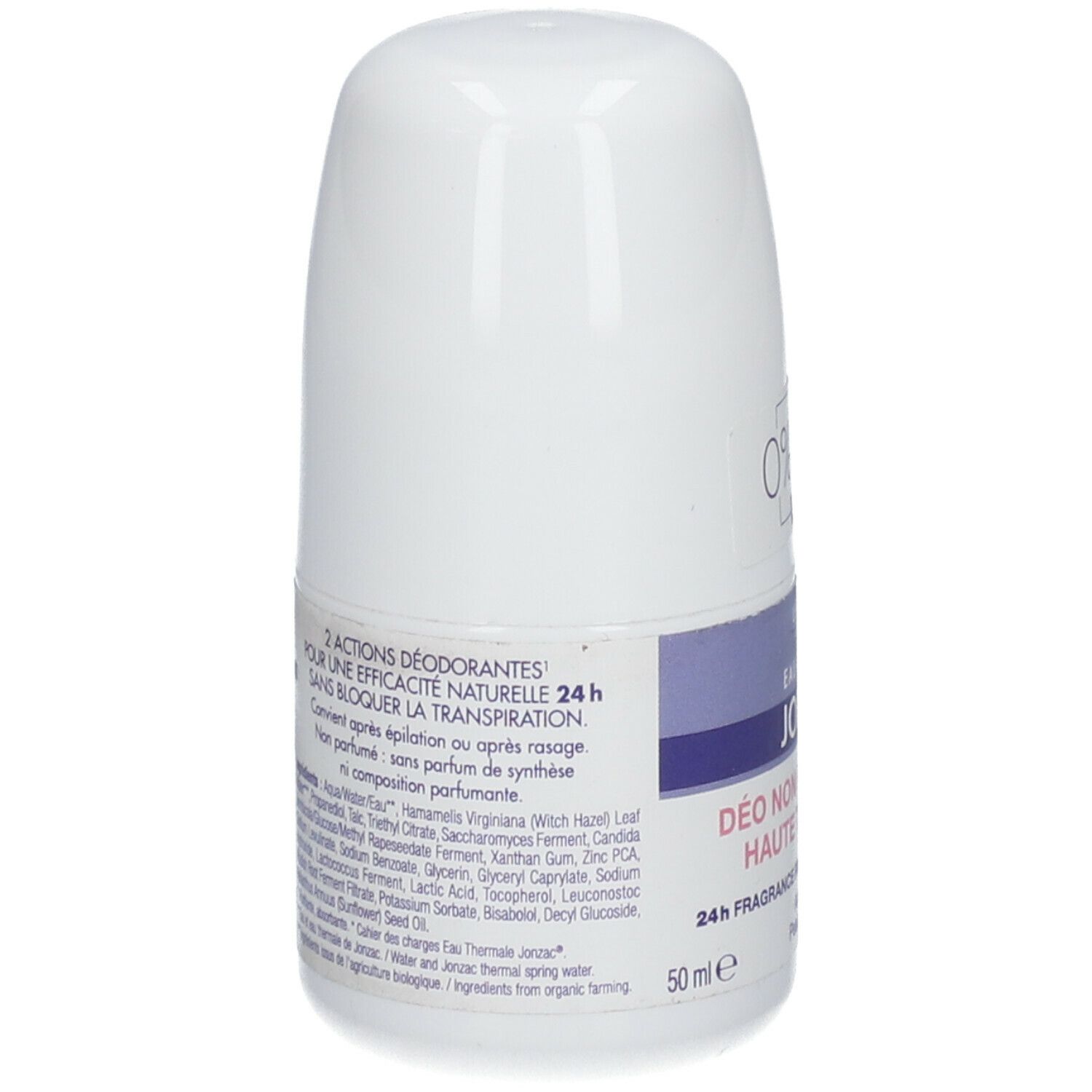 Roll-on déodorant blanc et violet. Dos avec ingrédients et instructions d'utilisation. 50 ml.