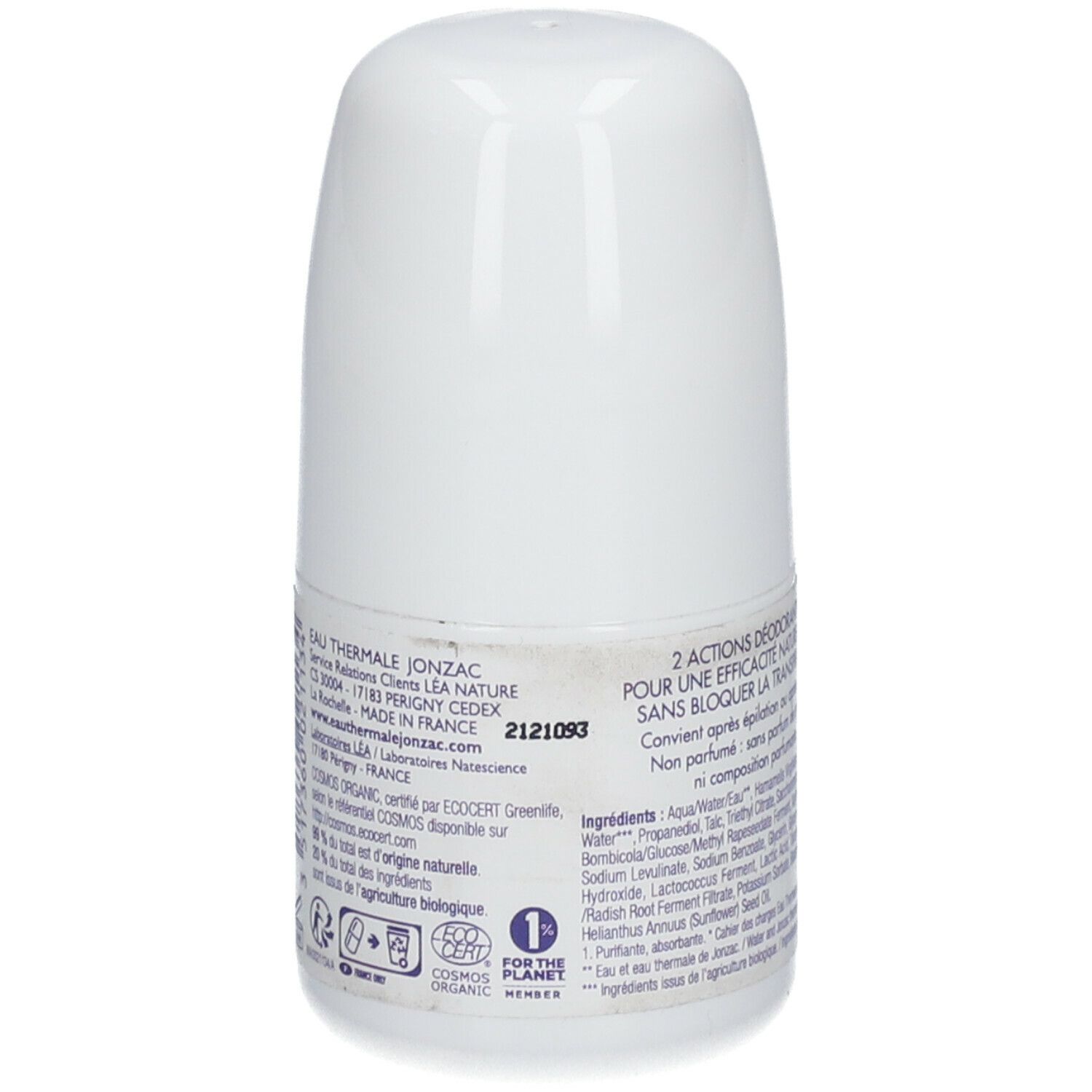 Roll-on déodorant blanc et violet. Dos avec informations fabricant, certification bio et ingrédients. 50 ml.