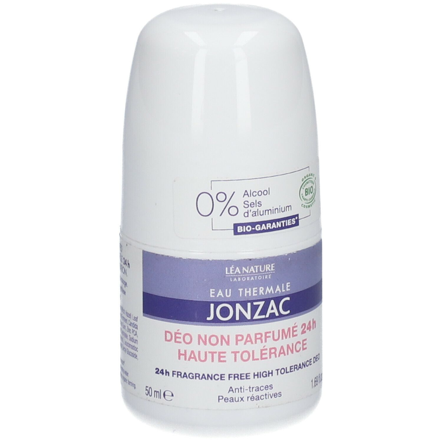 Roll-on déodorant blanc et violet. Inscription: Jonzac, 24h, Haute Tolérance. 0% alcool, sans sels d'aluminium. Bio-garanties.