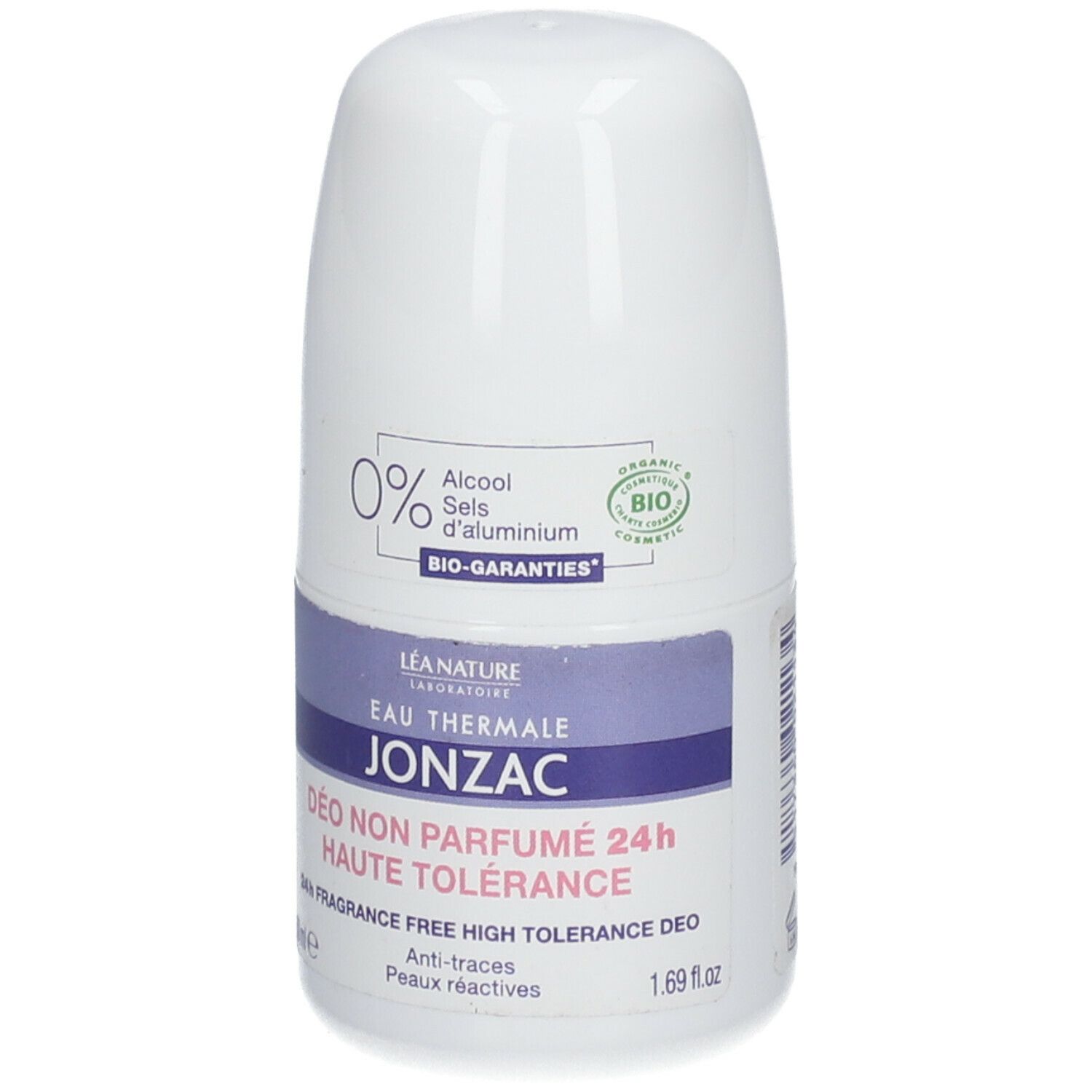 Roll-on déodorant blanc et violet. Inscription: Jonzac, 24h, Haute Tolérance. 0% alcool, sans sels d'aluminium. Bio-garanties. 1.69 fl oz.