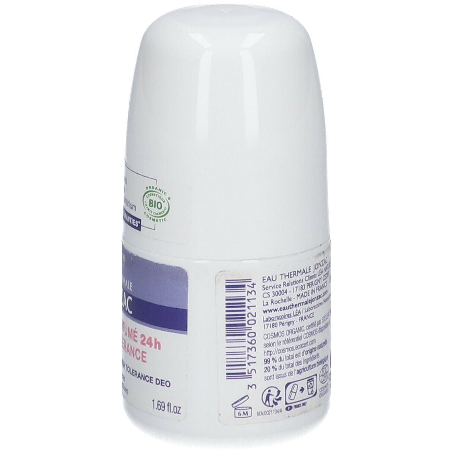 Roll-on déodorant blanc et violet. Dos avec informations fabricant et code-barres. 1.69 fl oz.