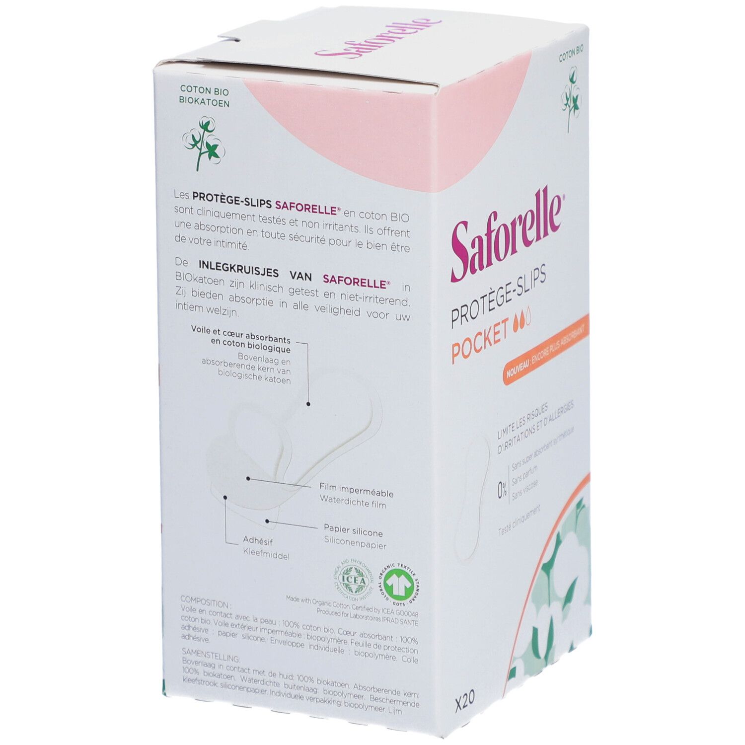 Rückseite der Saforelle Protège-Slips Pocket Schachtel. Text in Französisch und Niederländisch. Zeigt Produktmerkmale und Inhaltsstoffe.