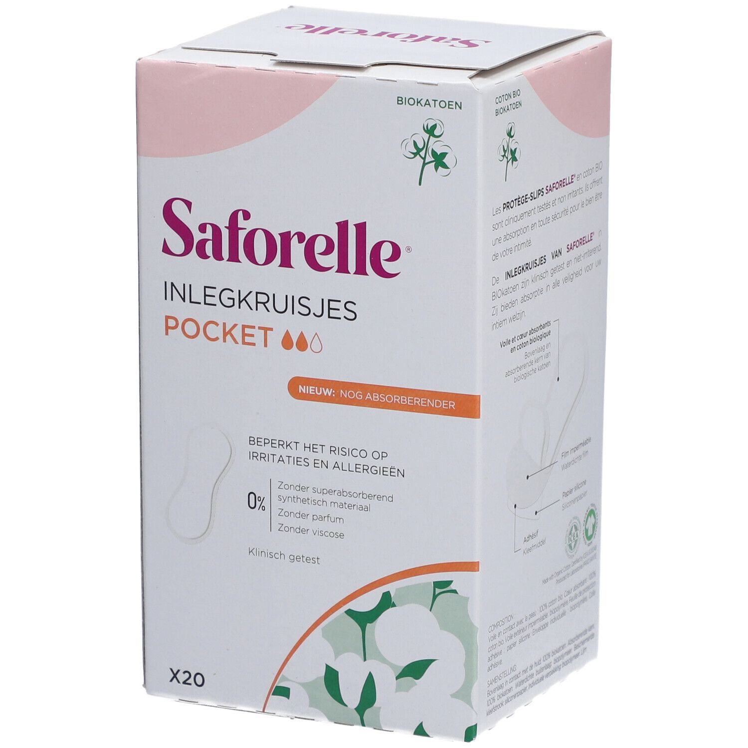 Schachtel mit Saforelle Inlegkruisjes Pocket. Rosa und weiße Verpackung mit Produktnamen und Logo. Enthält 20 Stück.