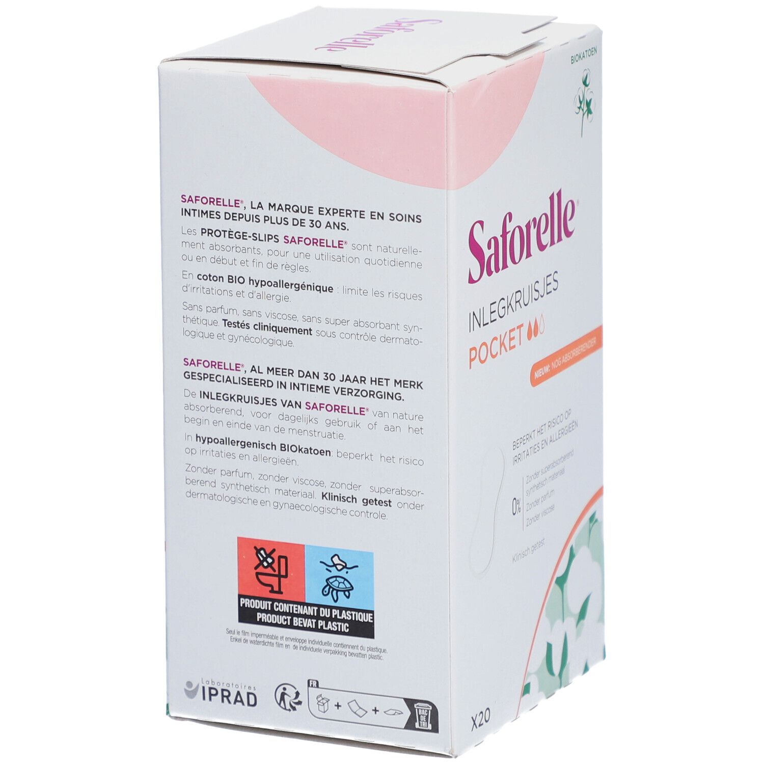 Rückseite der Saforelle Inlegkruisjes Pocket Schachtel. Text in Französisch und Niederländisch. Zeigt Produktmerkmale und Inhaltsstoffe.