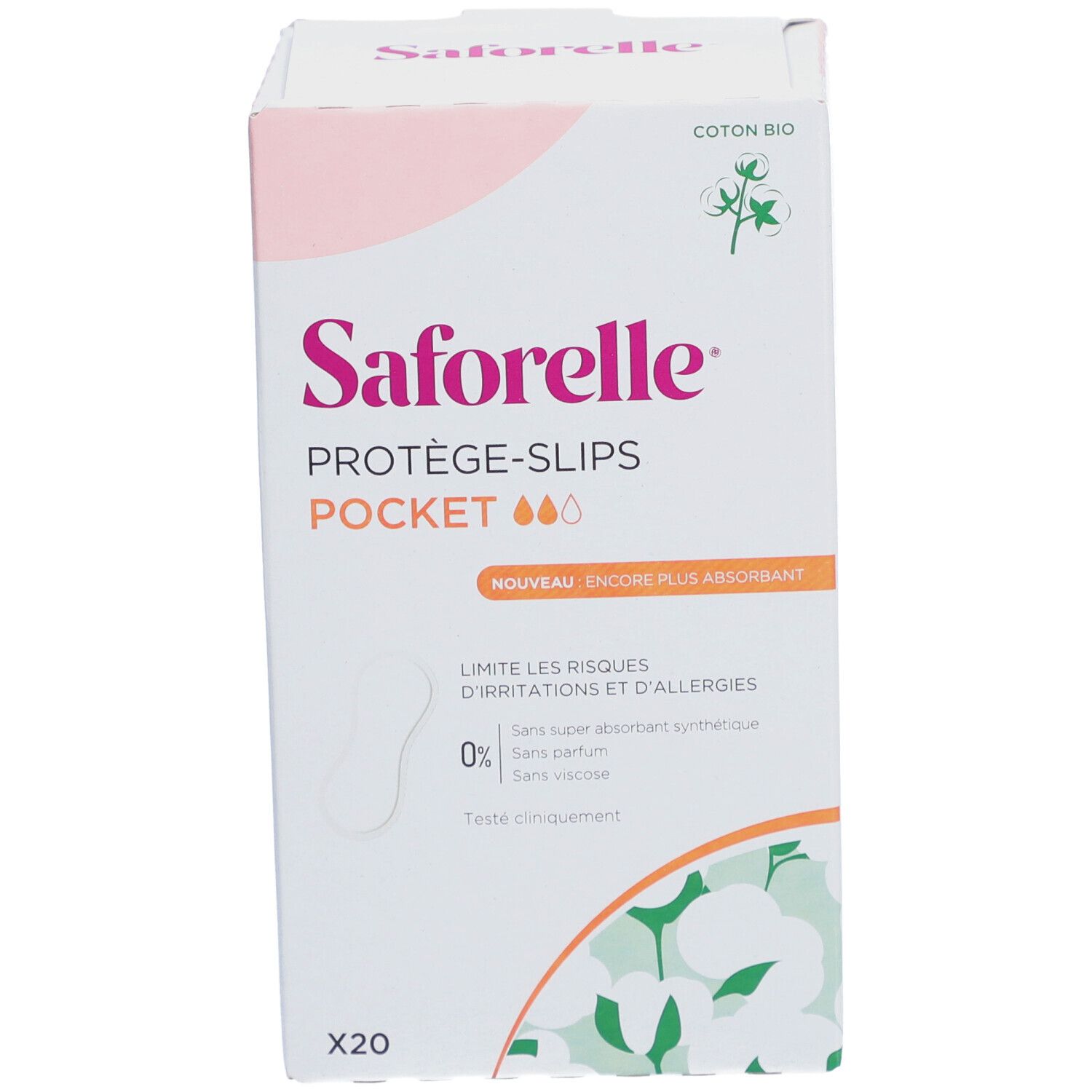 Schachtel mit Saforelle Protège-Slips Pocket. Rosa und weiße Verpackung mit Produktnamen und Logo. Enthält 20 Stück.