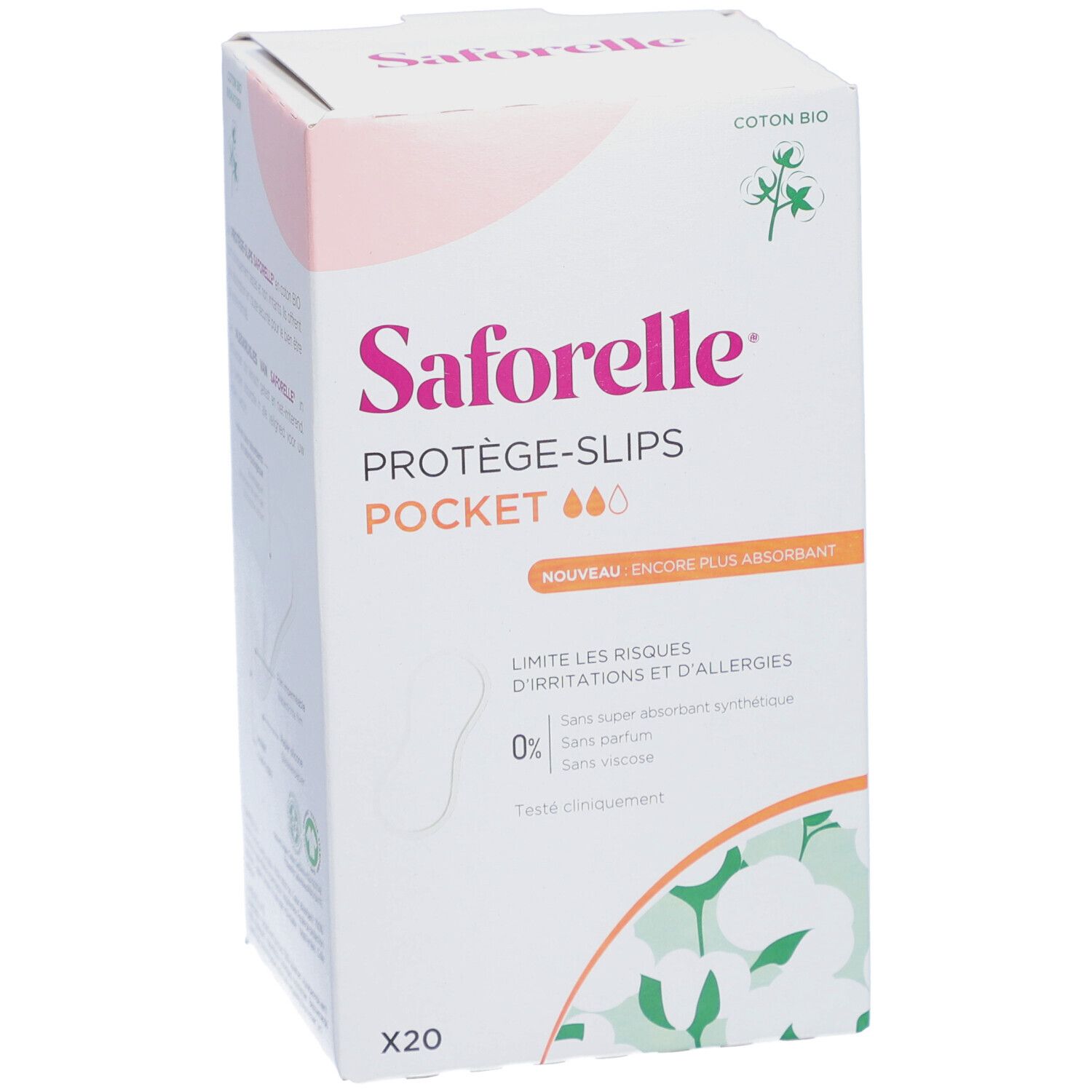 Schachtel mit Saforelle Protège-Slips Pocket. Rosa und weiße Verpackung mit Produktnamen und Logo. Enthält 20 Stück.