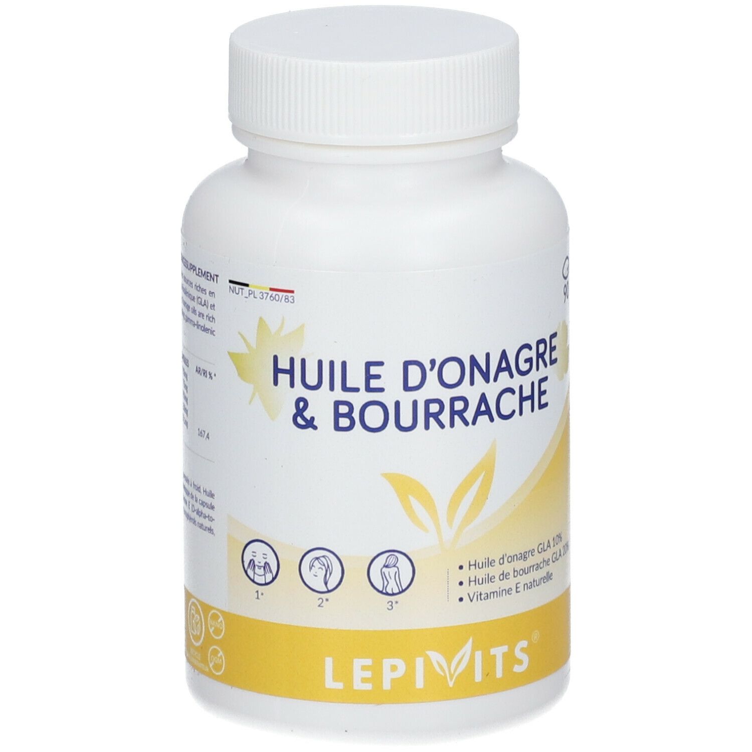 Witte fles met capsules. Opschrift: Huile d'onagre & Bourrache. LEPIVITS-logo. Gele strook met productinformatie.