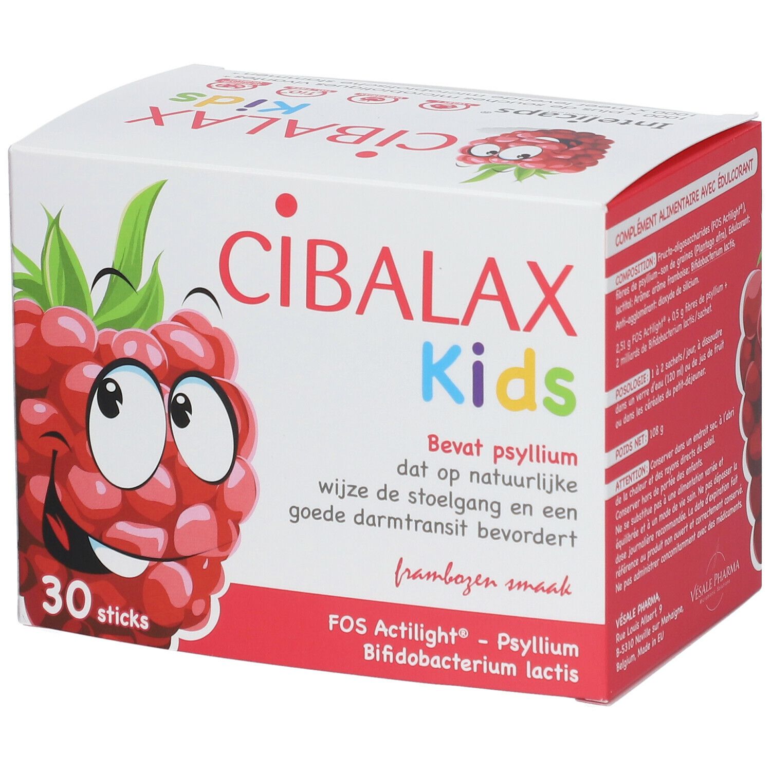 Verpakking Cibalax Kids met framboos-illustratie en tekst. Bevat 30 sticks. Tekst in het Nederlands.