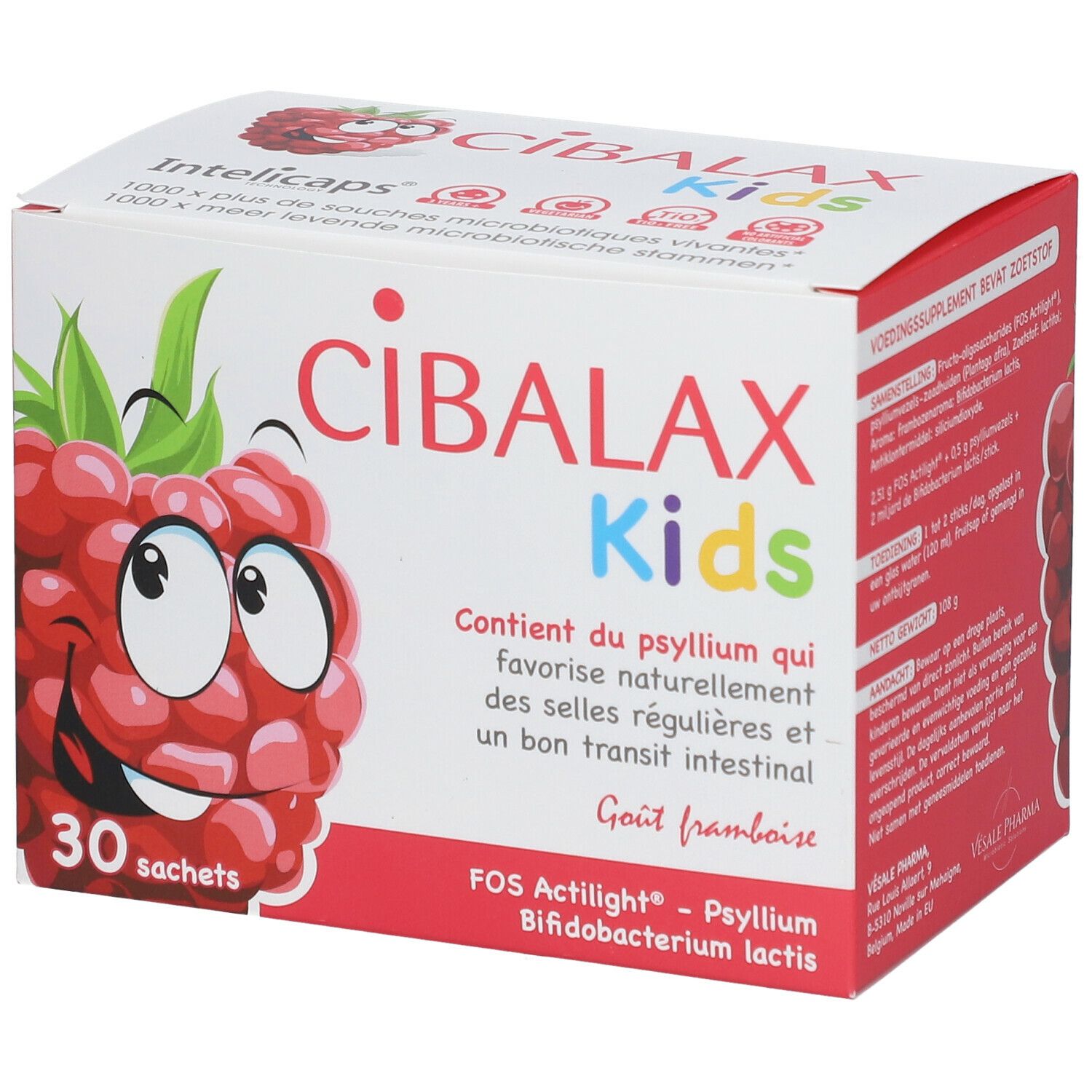 Verpakking Cibalax Kids met framboos-illustratie en tekst. Bevat 30 sachets. Tekst in het Frans.