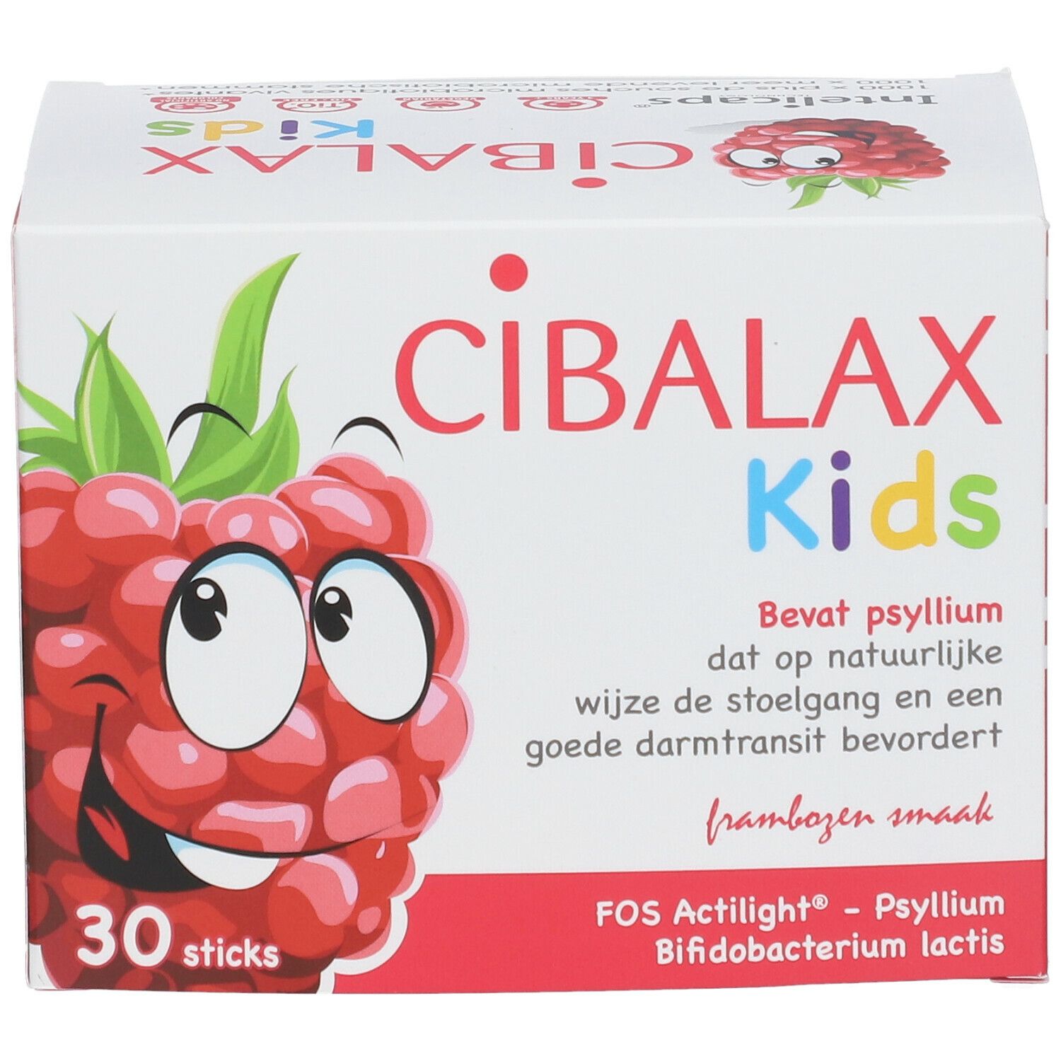 Verpakking Cibalax Kids met framboos-illustratie en tekst. Bevat 30 sticks. Tekst in het Nederlands.