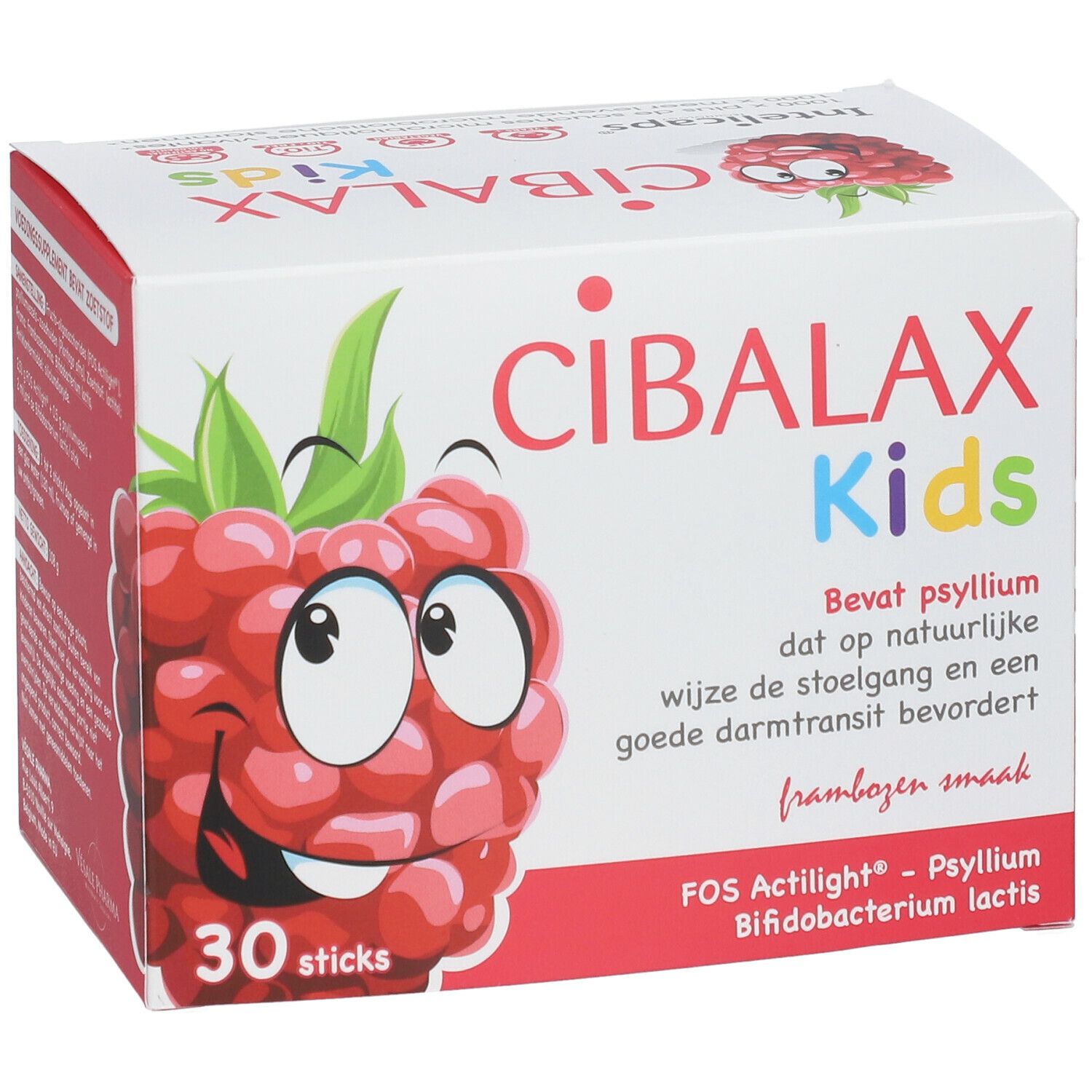 Verpakking Cibalax Kids met framboos-illustratie en tekst. Bevat 30 sticks. Tekst in het Nederlands.