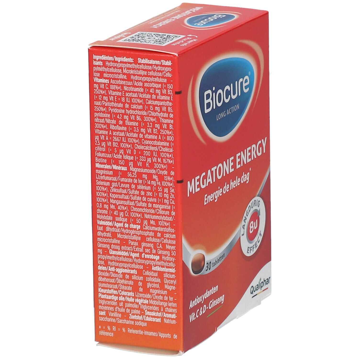 Boîte Biocure Megatone Energy. Rouge, liste des ingrédients, nom du produit, 30 comprimés, antioxydants, Vit. C & D, Ginseng.