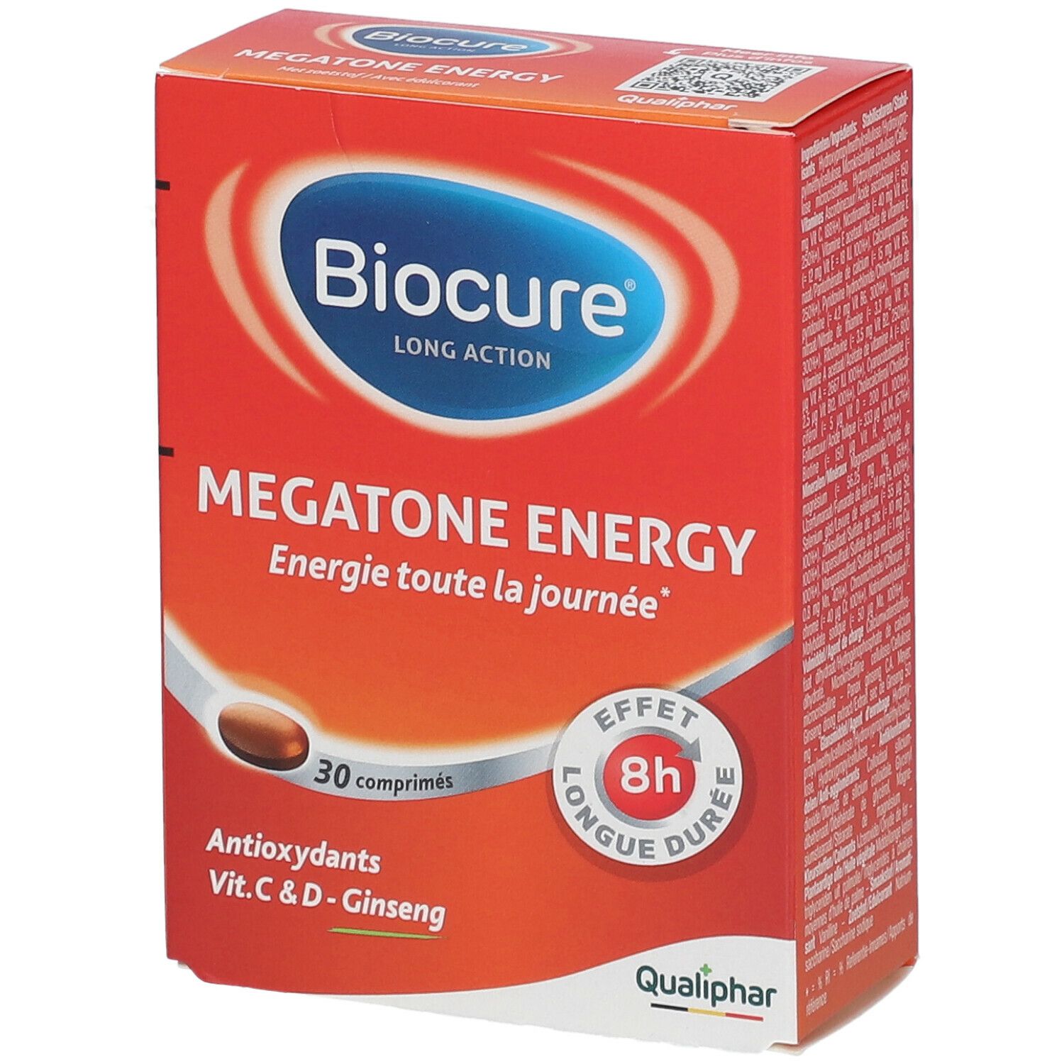 Boîte Biocure Megatone Energy. Rouge, nom du produit, 30 comprimés, antioxydants, Vit. C & D, Ginseng.