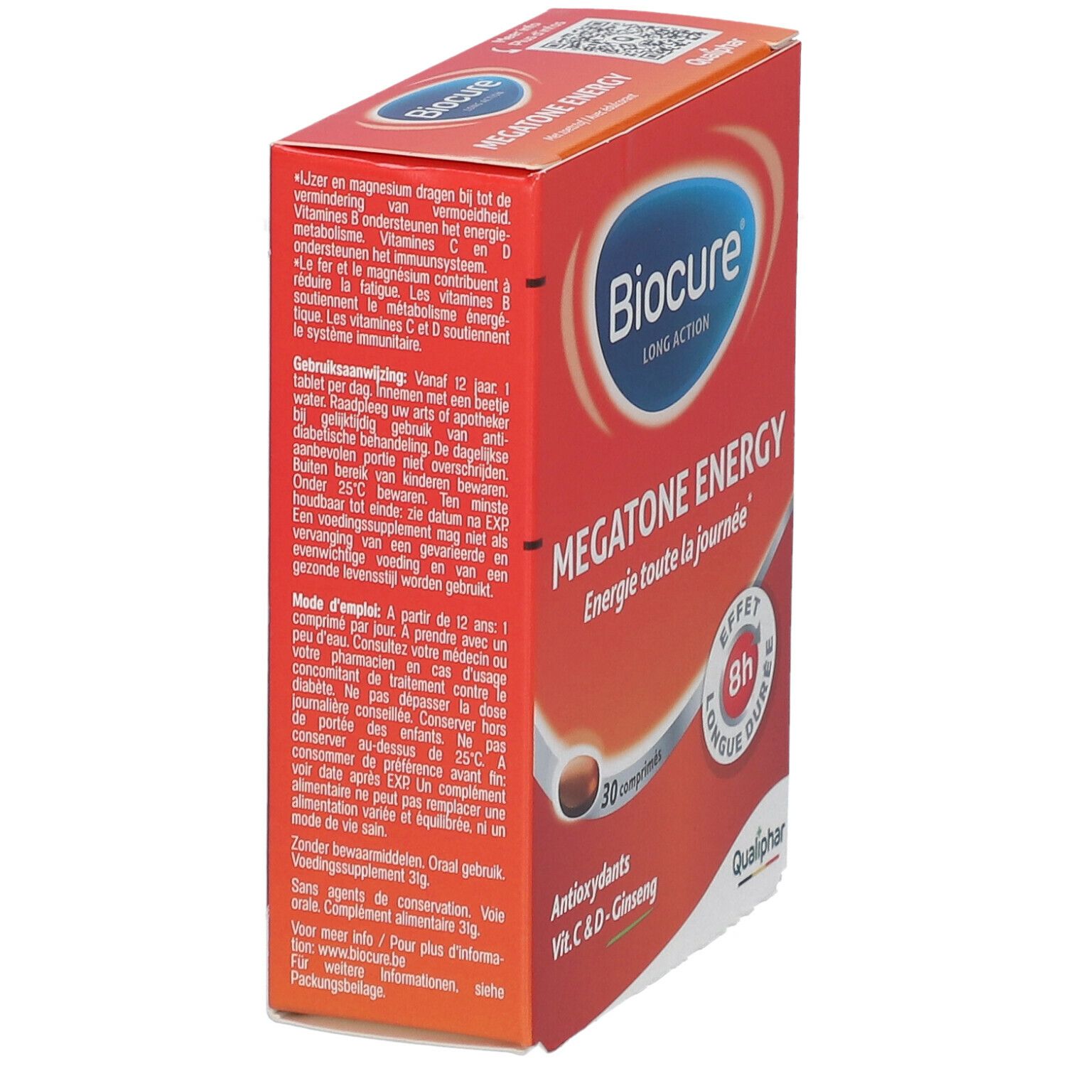 Boîte Biocure Megatone Energy. Rouge, nom du produit, 30 comprimés, antioxydants, Vit. C & D, Ginseng.