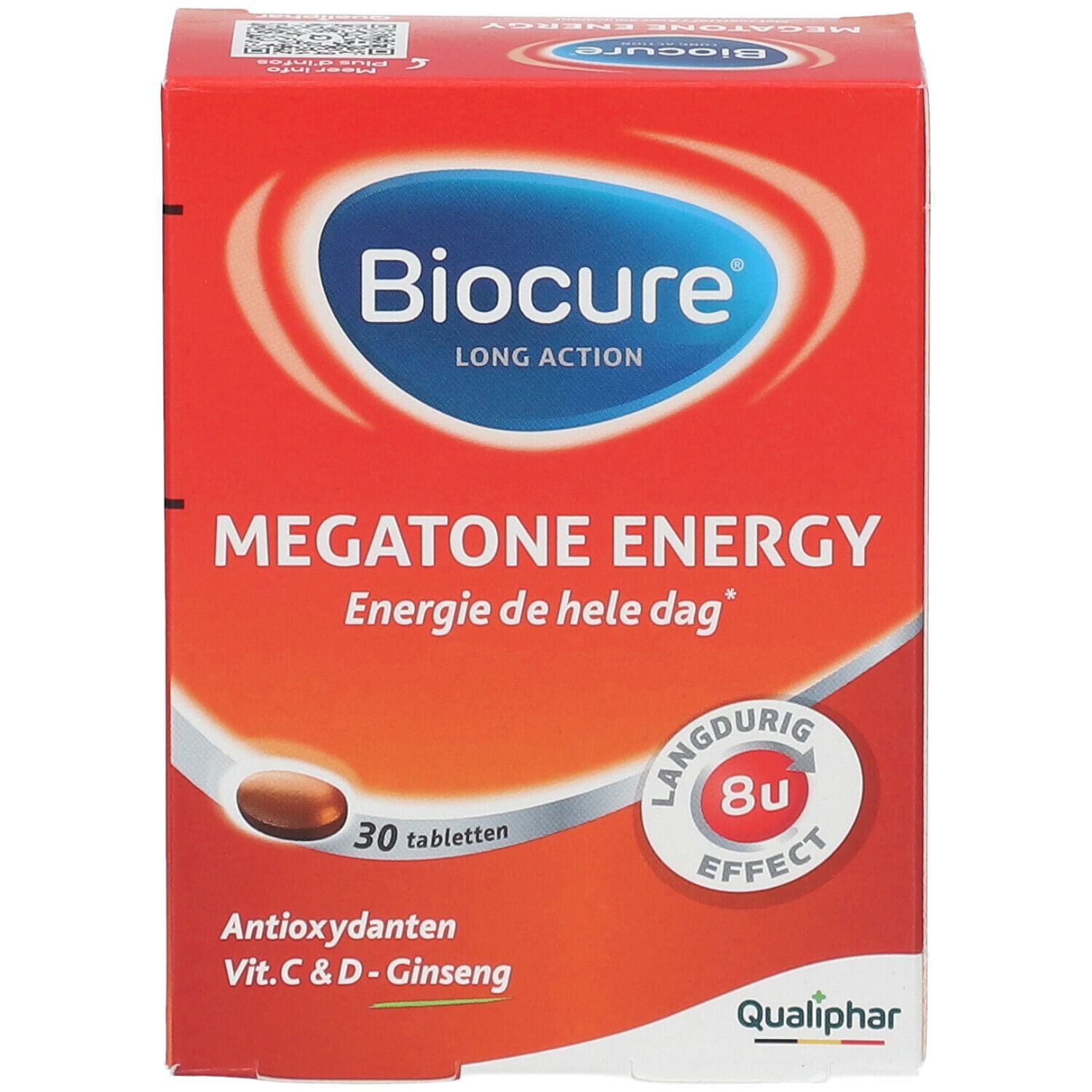 Boîte Biocure Megatone Energy. Rouge, nom du produit, 30 comprimés, antioxydants, Vit. C & D, Ginseng.