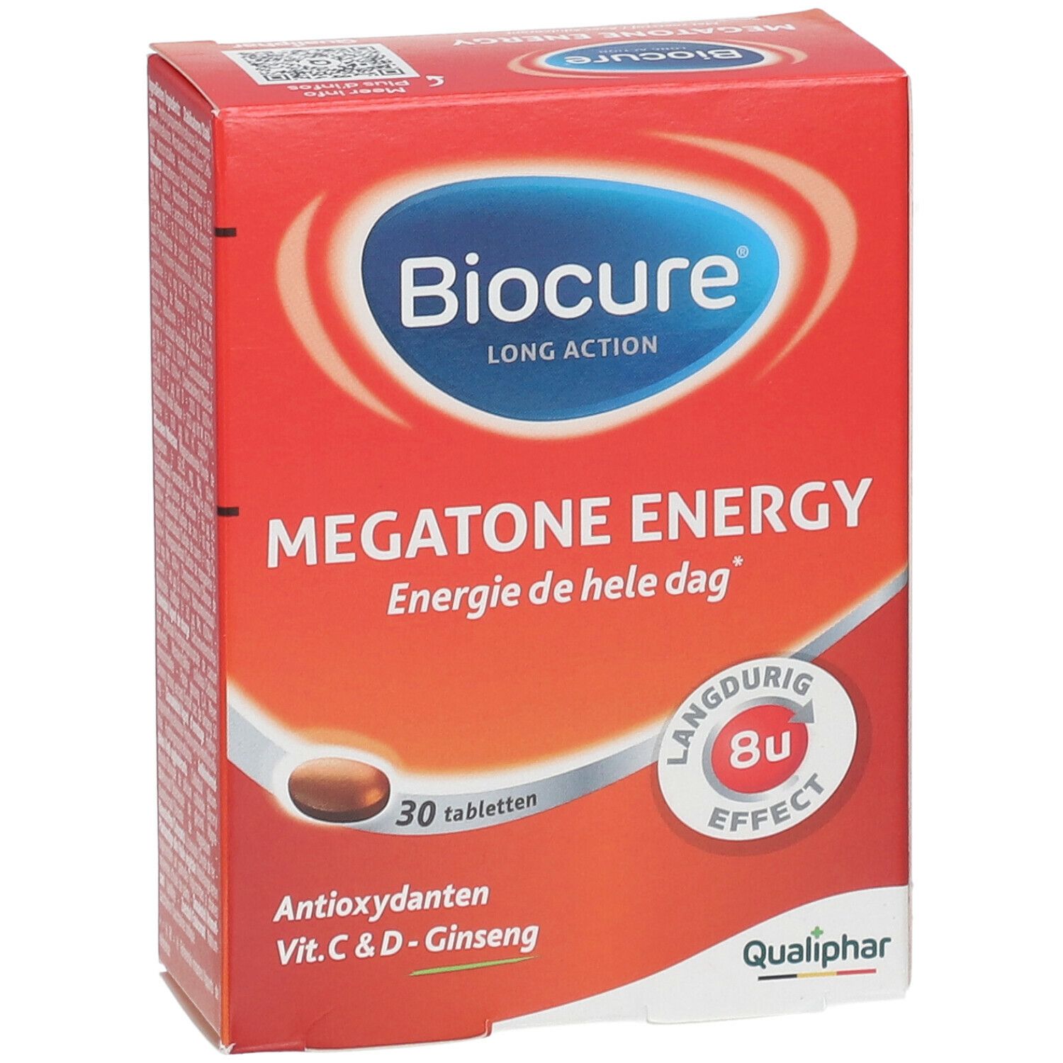 Boîte Biocure Megatone Energy. Rouge, nom du produit, 30 comprimés, antioxydants, Vit. C & D, Ginseng.