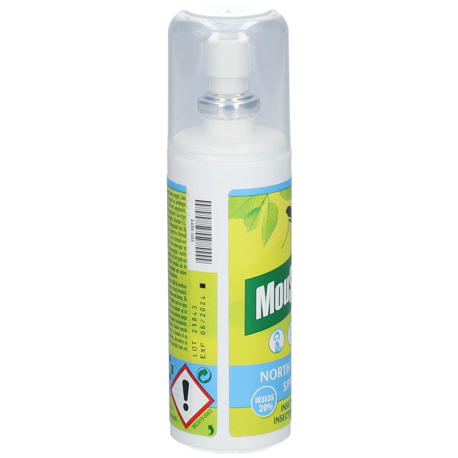 Flacon spray avec étiquette. Code-barres et avertissements. Inscription: Mouskito North Europe Spray. Insectifuge.