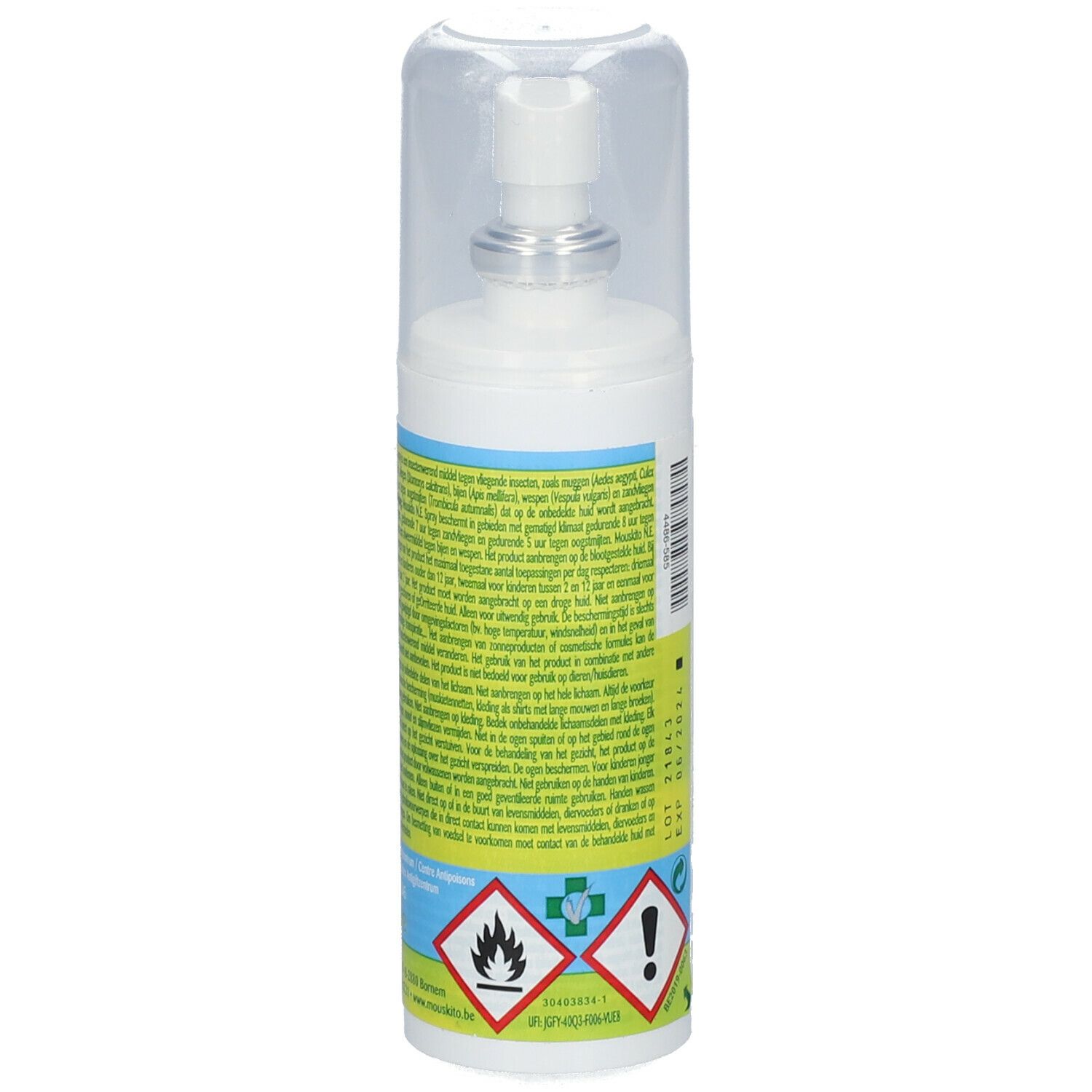 Flacon spray avec texte sur l'étiquette. Avertissements et pictogrammes. Inscription: Mouskito North Europe Spray.