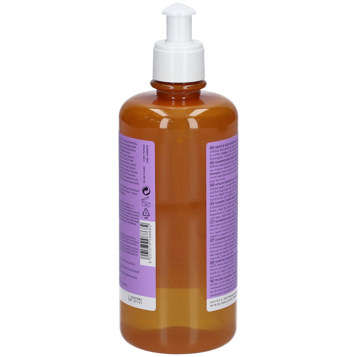 Rückseite der APIVITA Mini Bees Shampoo-Flasche. Text auf lila Etikett. Braune Flasche mit Pumpe.