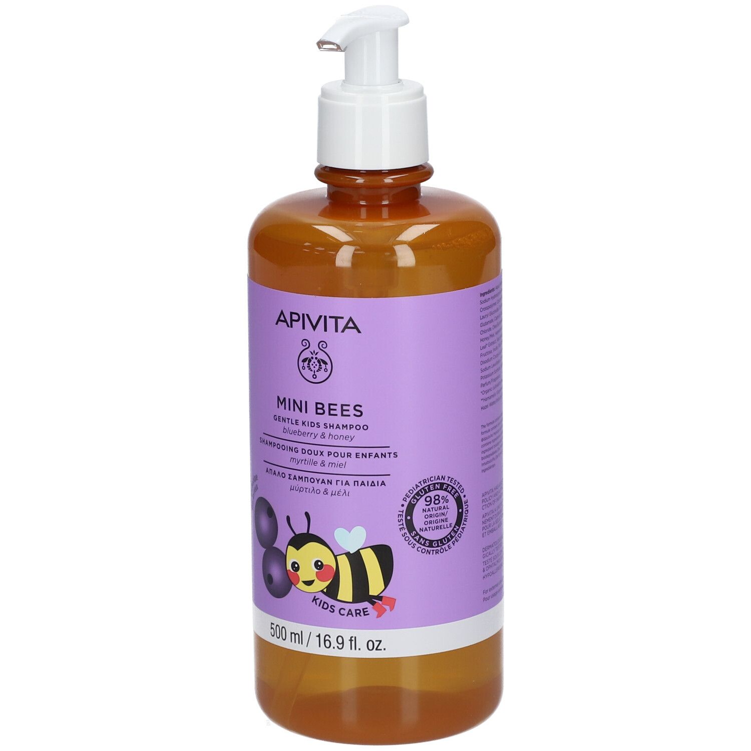 APIVITA Mini Bees Shampoo. Braune Flasche mit Pumpe. Lila Etikett mit Bienen-Illustration. 500 ml.