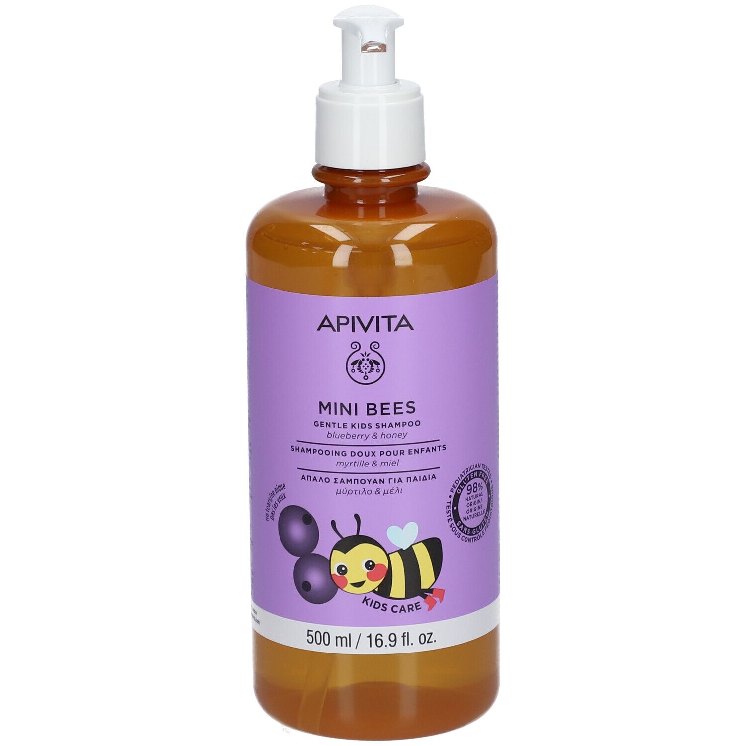 APIVITA Mini Bees Shampoo. Braune Flasche mit Pumpe. Lila Etikett mit Bienen-Illustration. 500 ml.